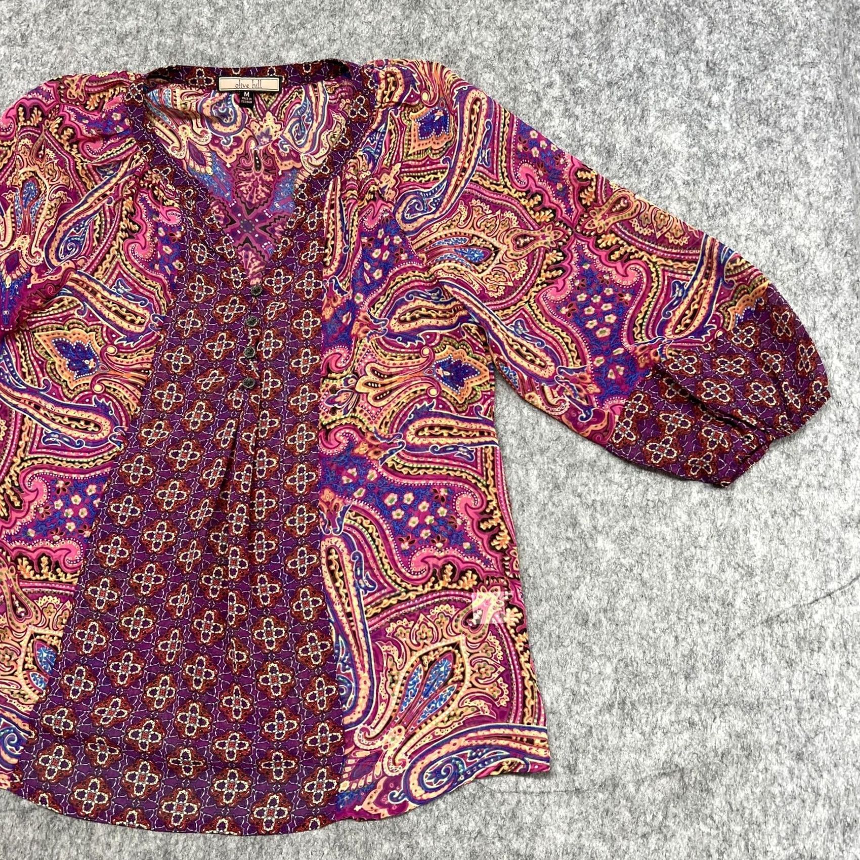 Olive Olive Hill Blouse Womens M Multicolor Paisley V-Neck 3/4 Sleeve Tunic Top Boho Size M / US 6-8 / IT 42-44 - 6 Thumbnail