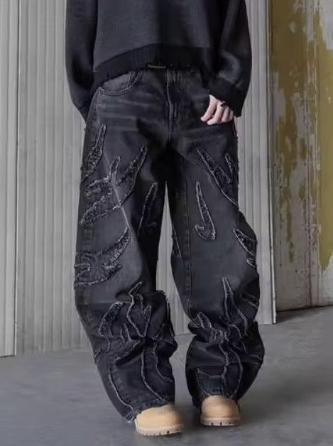 Jean × Vintage Harajuku Embroidered Flame Split Jeans Size US 29 - 2 Thumbnail