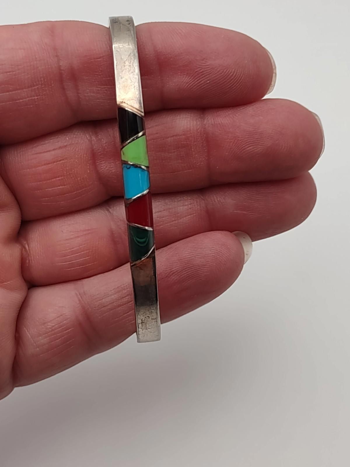 The Unbranded Brand Mexican Sterling Silver Multi Stone Inlay Hinged Bracelet Size ONE SIZE - 1 Thumbnail
