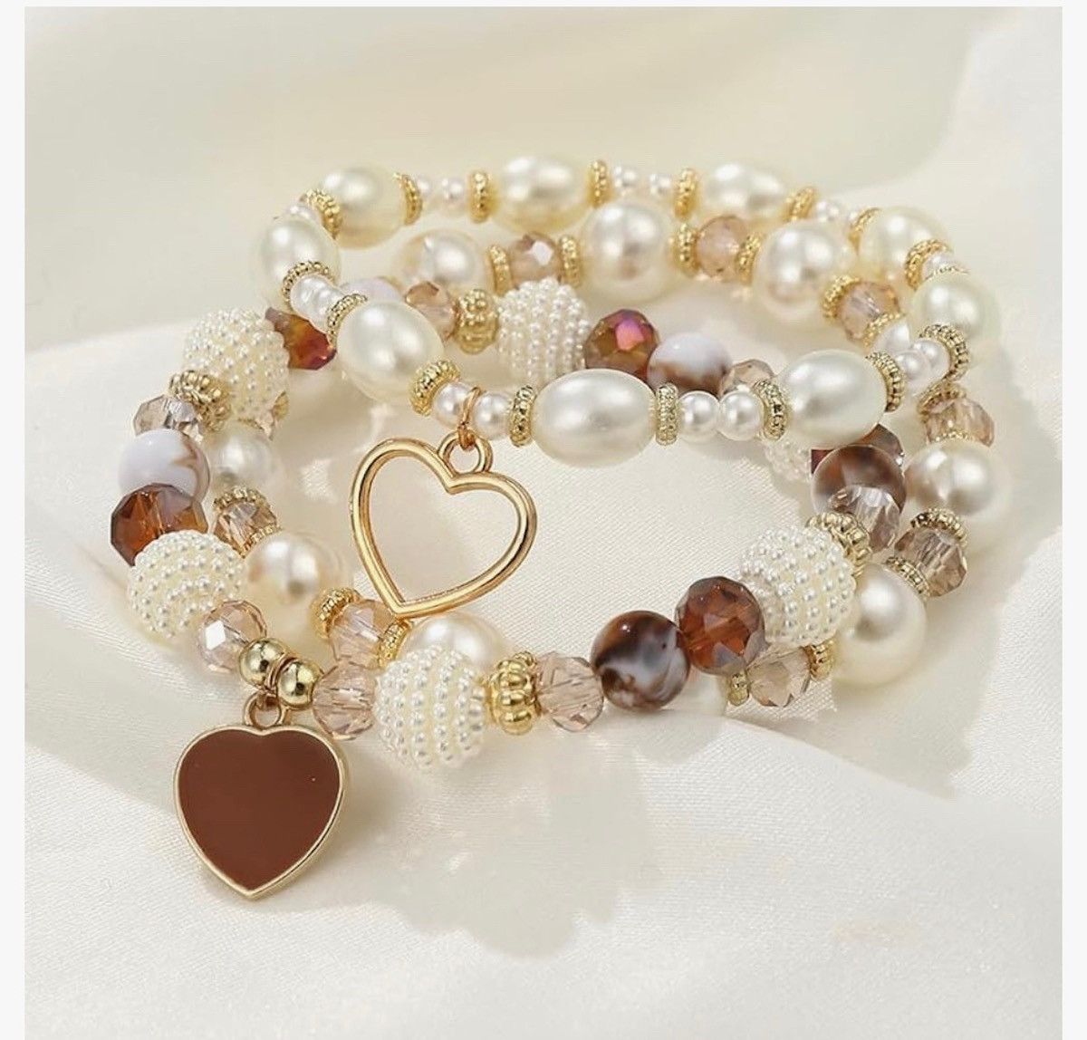 Other Boho Pearl & Crystal Heart Charm Bracelet Stack (5 Pieces) Size ONE SIZE - 4 Thumbnail