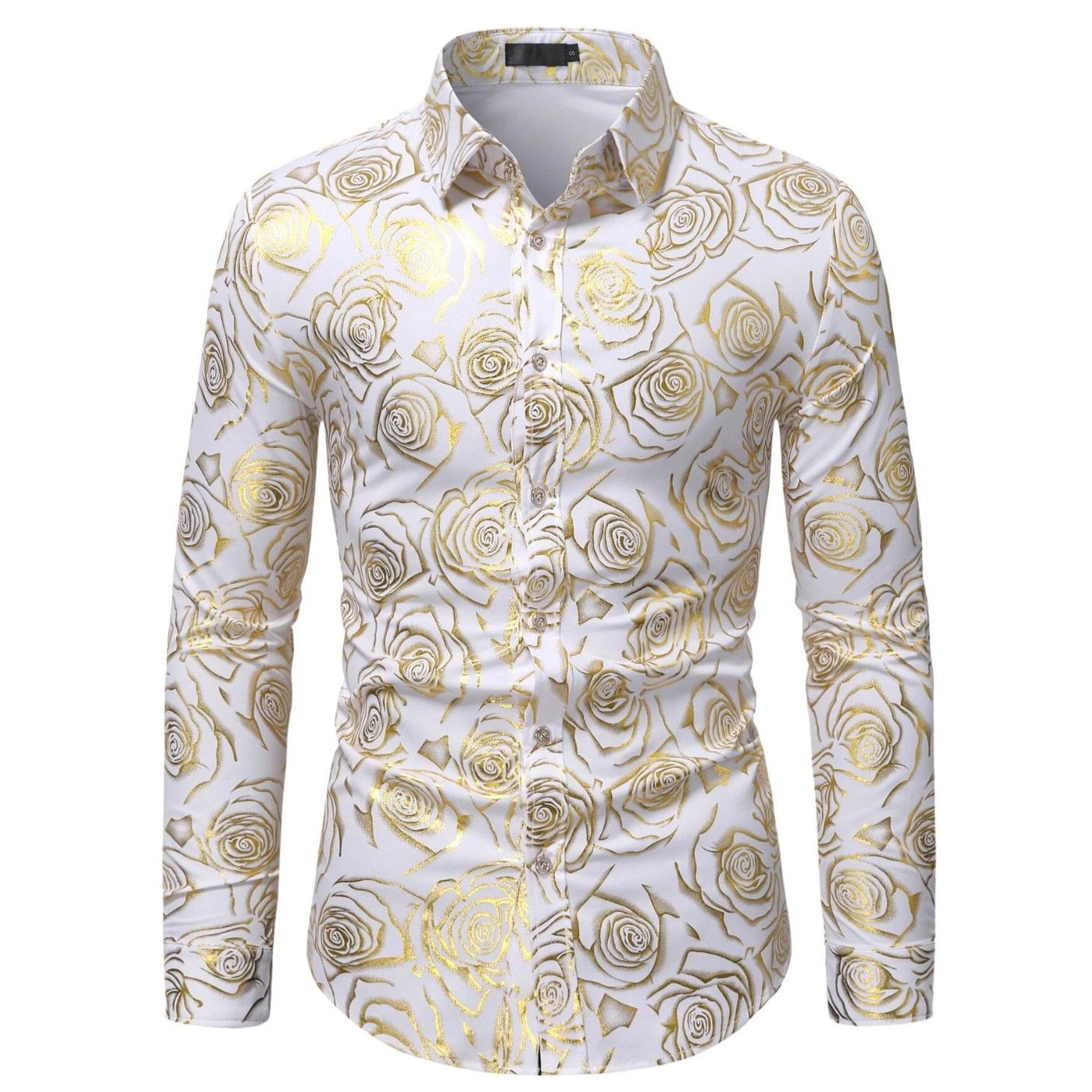Shein Men Golden Rose Print Button Down Shirt in White, Size S Size US S / EU 44-46 / 1 - 1 Thumbnail