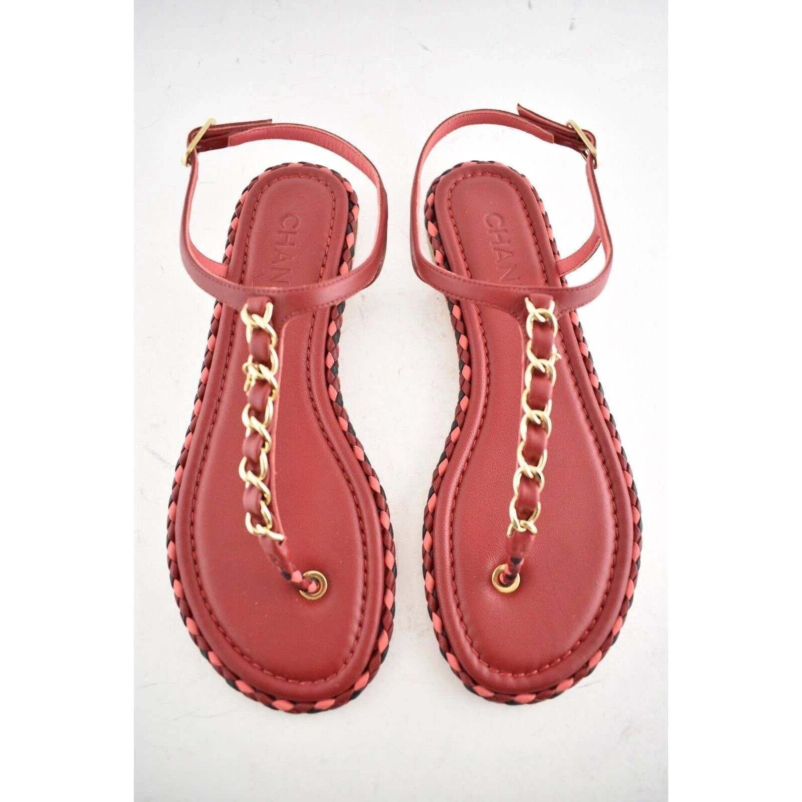 Chanel Chanel Red Braided Gold CC Logo Chain Thong Ankle Strap Size US 6 / IT 36 - 1 Thumbnail