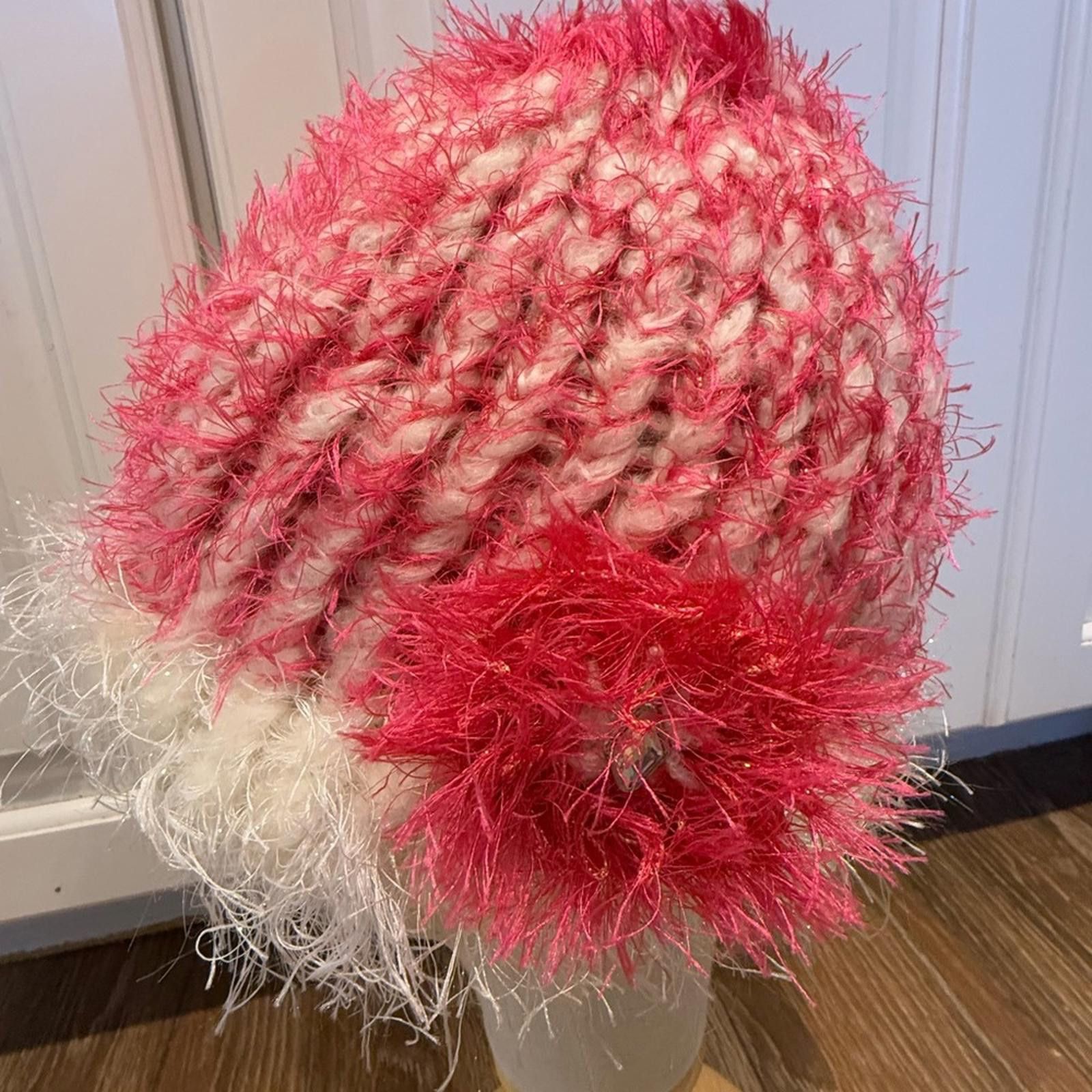 Other Pink & white metallic plush fringe knit winter beanie hat OS Size ONE SIZE - 1 Thumbnail