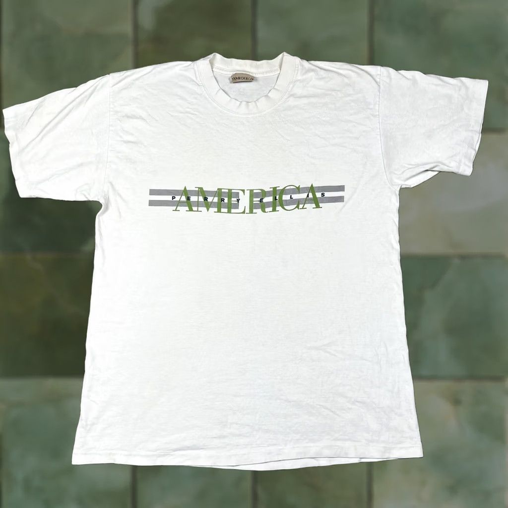 Perry Ellis VINTAGE Perry Ellis Spellout Graphic T-Shirt XL White 90s Grunge Mens Short Sleeve Single Stitch Classic Size US XL / EU 56 / 4 - 1 Thumbnail