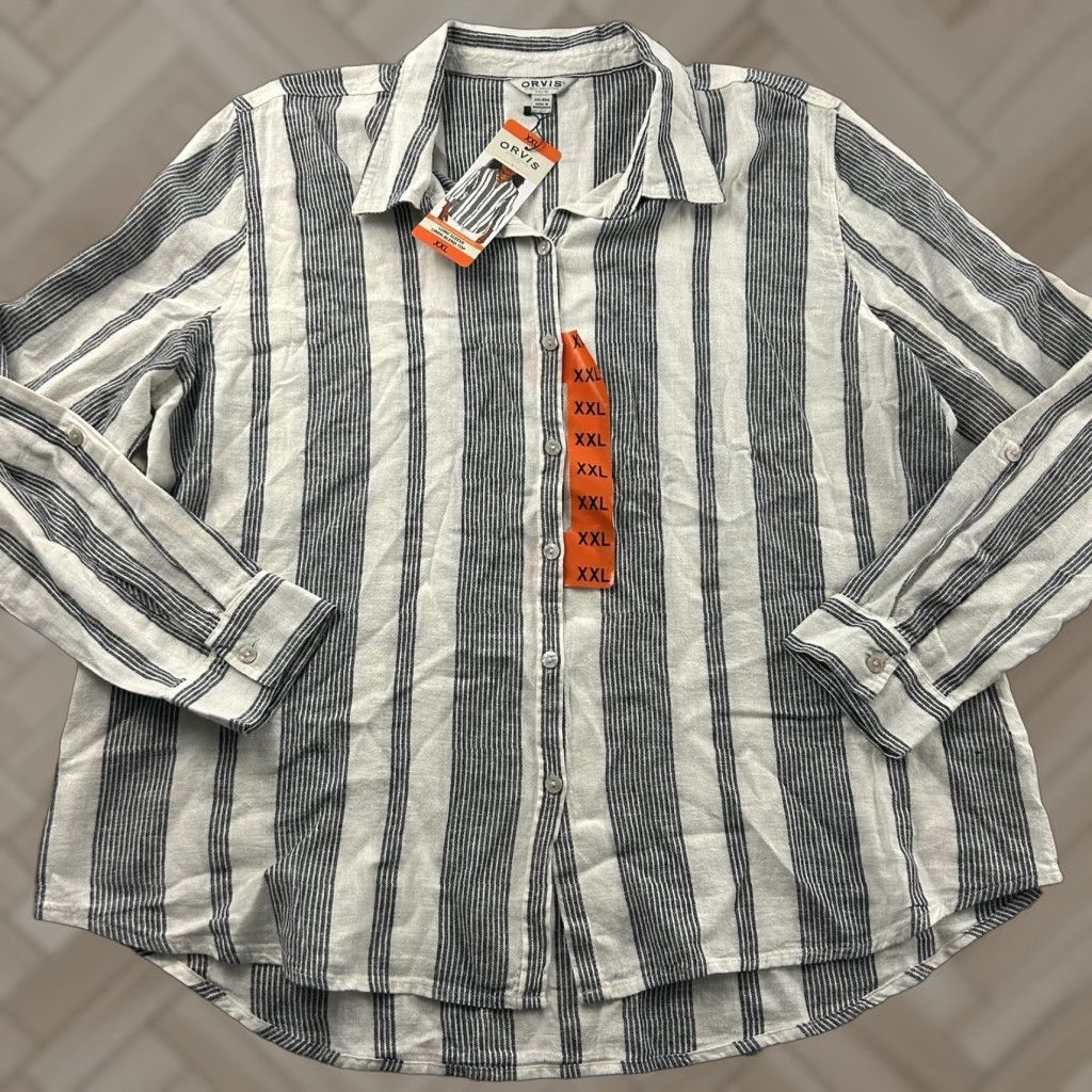 Orvis Orvis Long Sleeve Linen Island Stripe Button Shirt Women's 2XL Multicolor Blue White Striped Button-Up Linen 1930s? Size XXL / US 16-18 / IT 52-54 - 1 Thumbnail