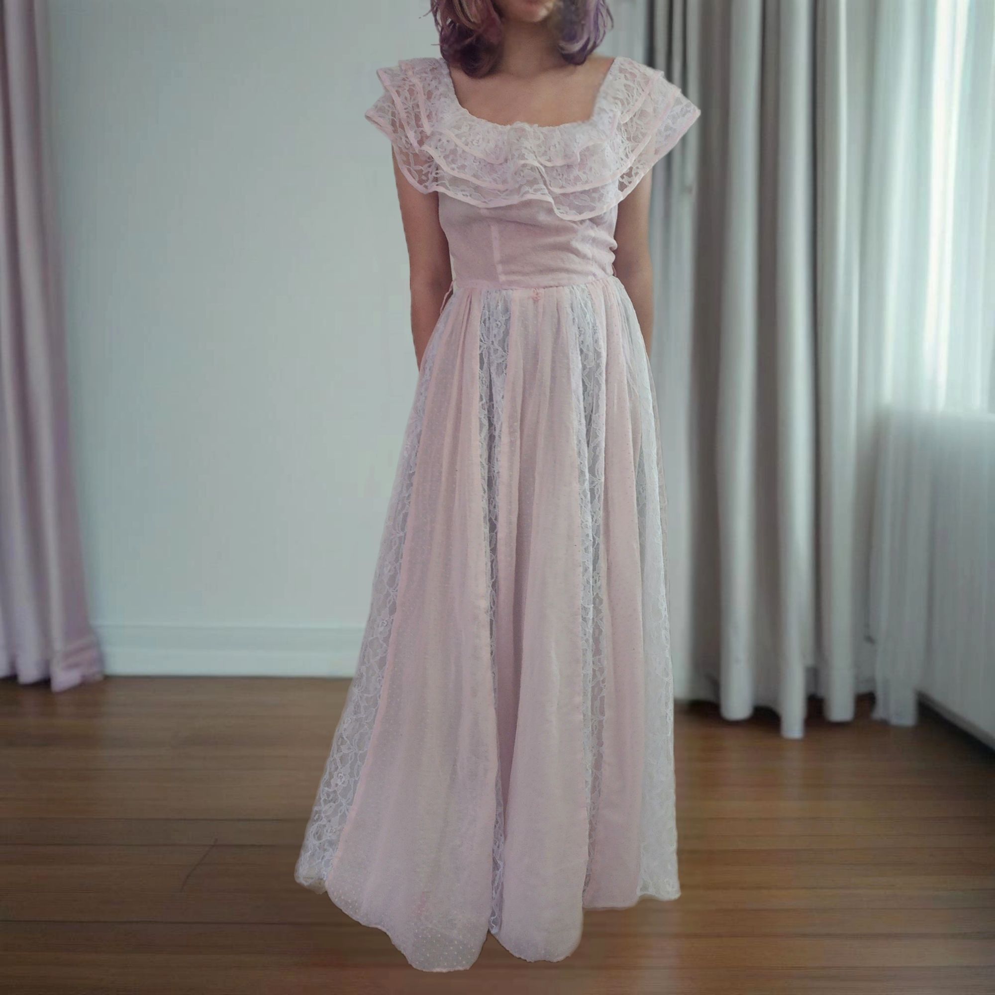 Handmade Vintage Prom Dress Halloween Costume Pink Lace Handmade Prai Size XXS / US 00 / IT 34 - 1 Thumbnail
