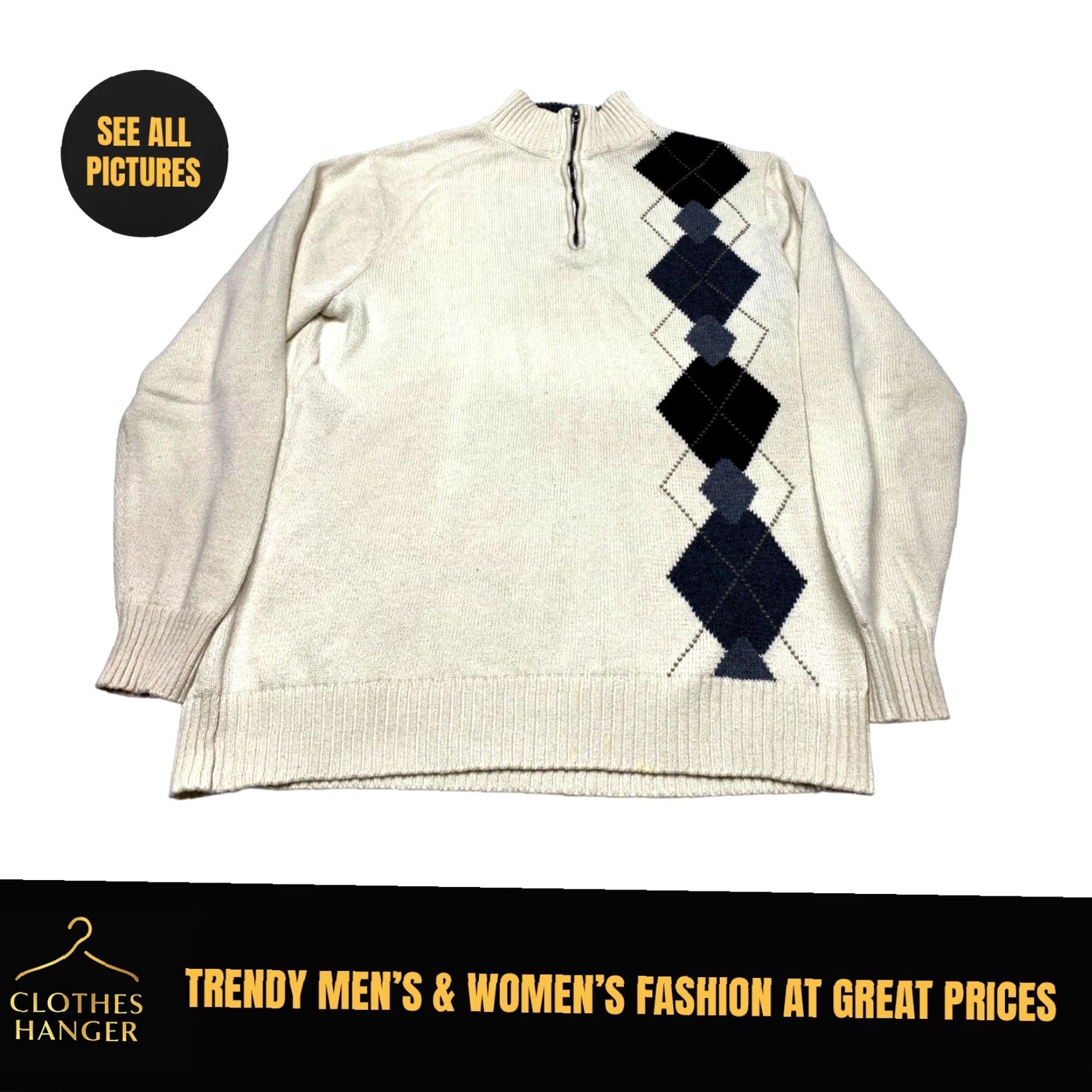 Oscar De La Renta Oscar De La Renta Mens Cream Beige 1/4 Zip Knit Sweater M Medium Diamond Pattern Shirt Size US M / EU 48-50 / 2 - 2 Thumbnail