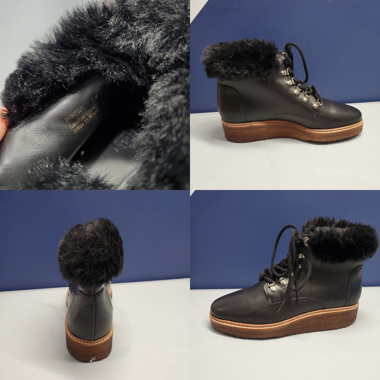 Vintage Botkier Winter Boots Womens Size 7.5 Black Leather Faux Fur Trim Gum Sole Lace Up Casual Fall Winter Shoes Mens? Size US 8 / IT 38 - 8 Thumbnail