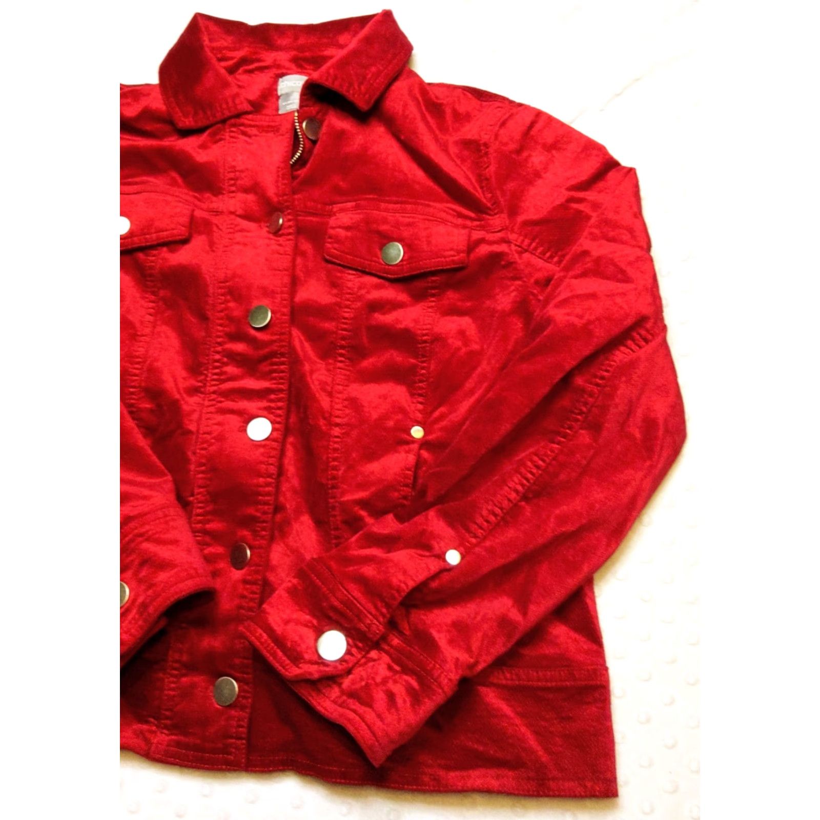Vintage CHICO'S RED VELVET DENIM JACKET - SHORT - Lined - SZ 12/14 - WOMEN - Velvet Jacket - Casual / Party - 2010s (if decade) Size XL / US 12-14 / IT 48-50 - 2 Thumbnail