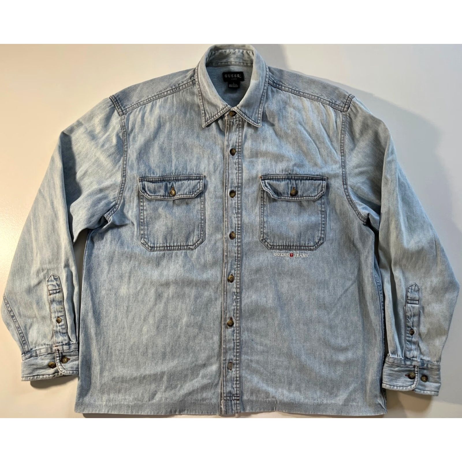 Guess VINTAGE Guess Denim Shirt Mens Button-Up LS 90s Americana Size L Blue Cotton Embroidered Pockets Size US L / EU 52-54 / 3 - 2 Thumbnail