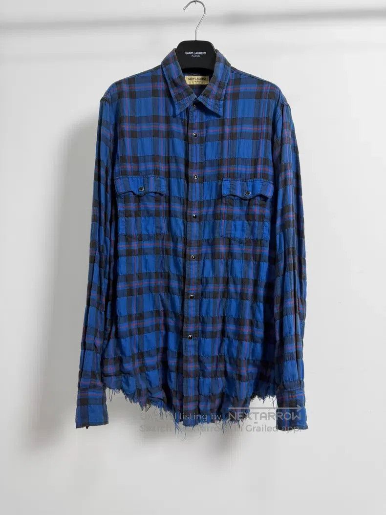 Saint Laurent Paris Saint Laurent Paris Blue Faded Frayed Destroyed Plaid Shir Size US L / EU 52-54 / 3 - 1 Thumbnail