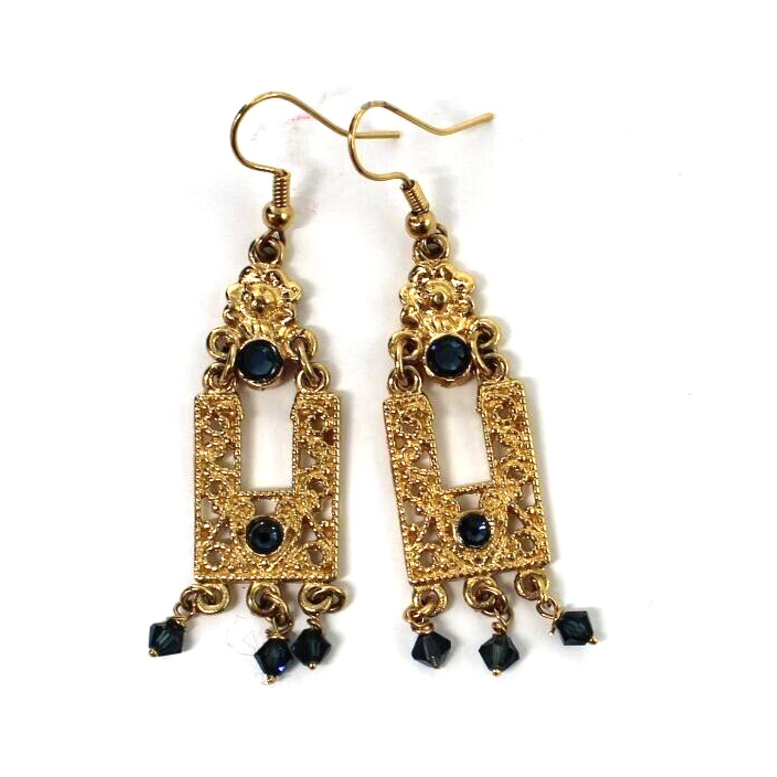 Other Dark Blue Rhinestone Bead Dangle Filigree Earrings • 2" Drop Size ONE SIZE - 3 Thumbnail