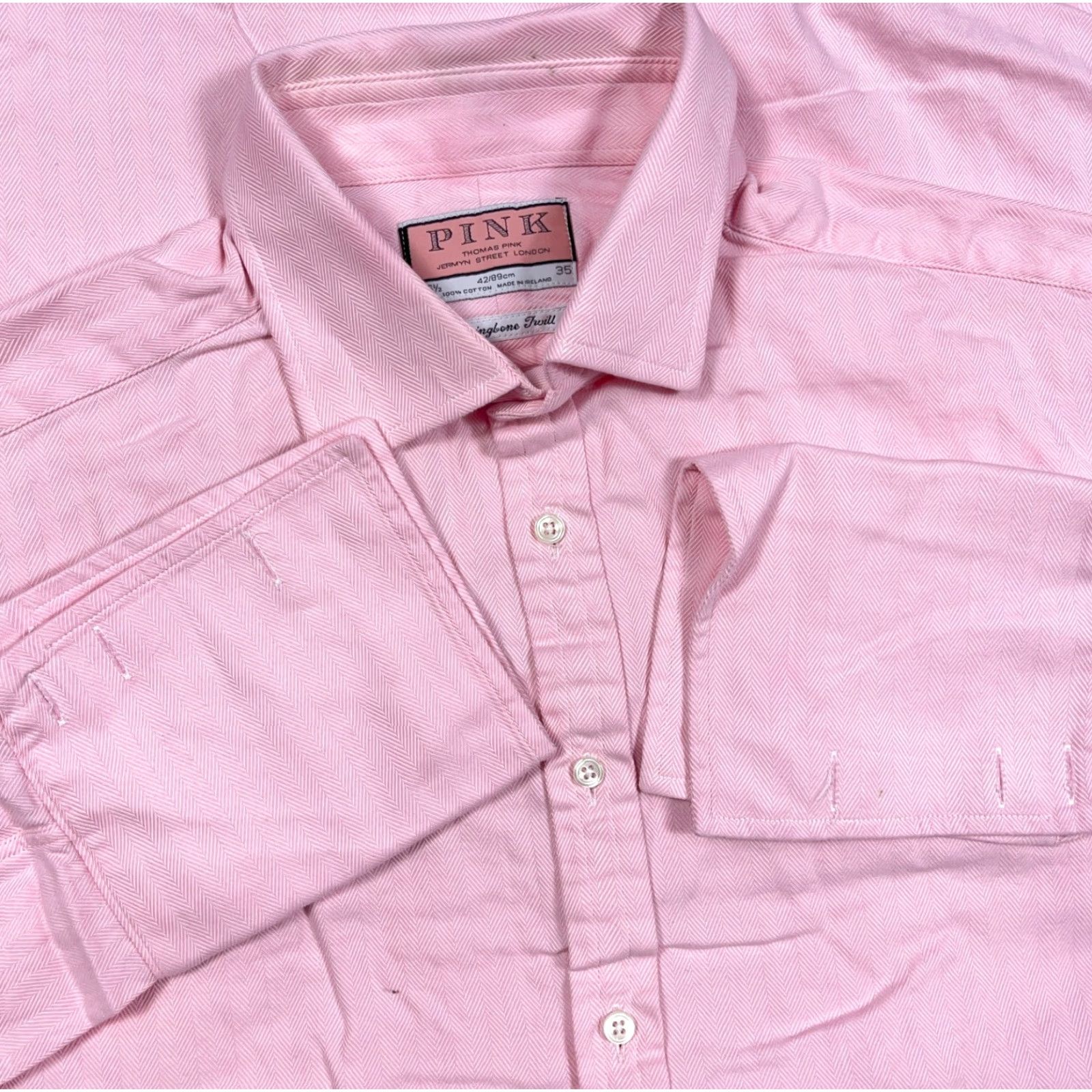 Pinko Thomas Pink Shirt Men 16.5 35 Pink Button Up French Cuff Herringbone Twill Dress Shirt Mens Size 42R - 2 Thumbnail