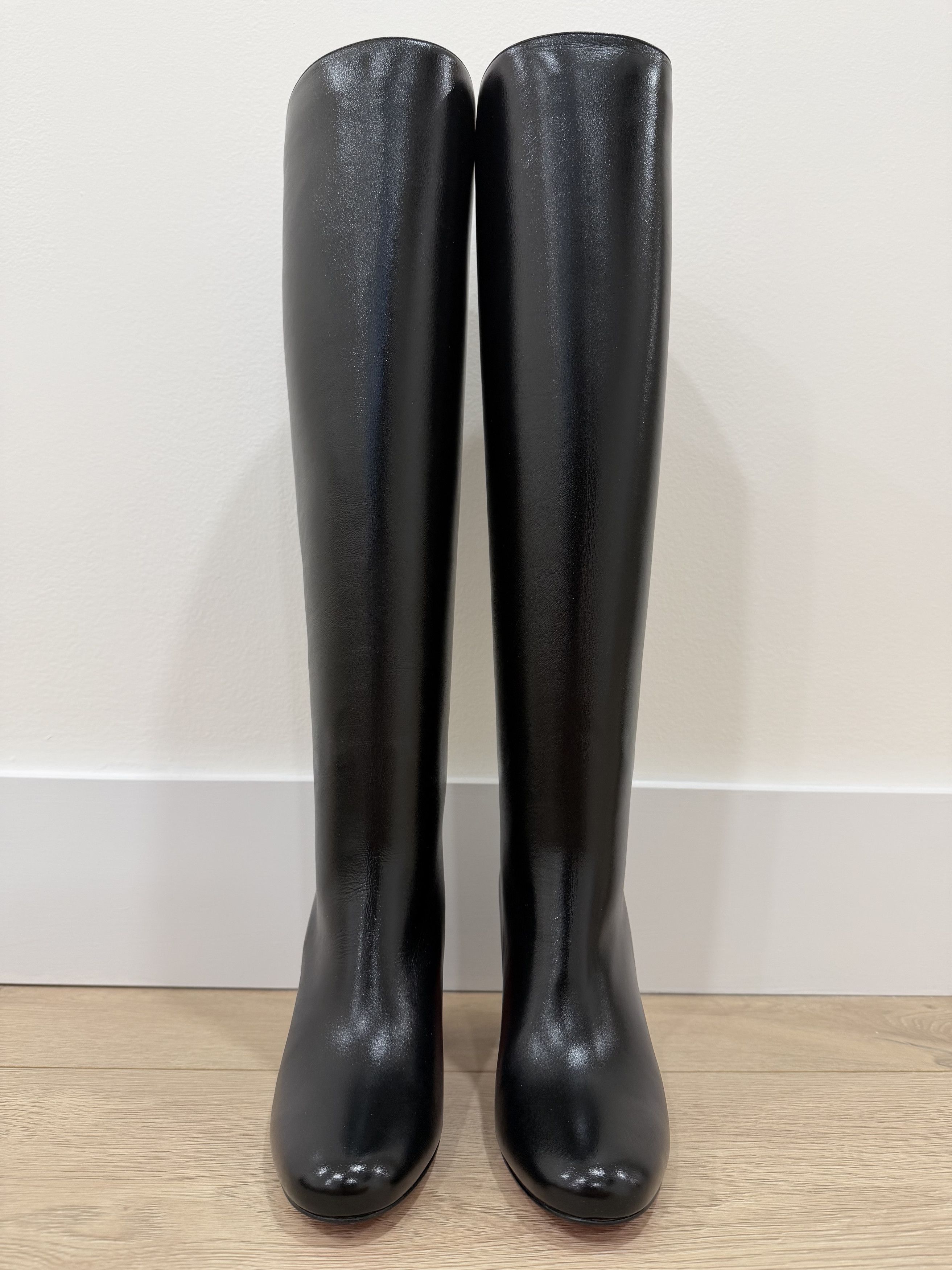 Janitta 85 Black Leather Knee High Block Heel Boot 38.5