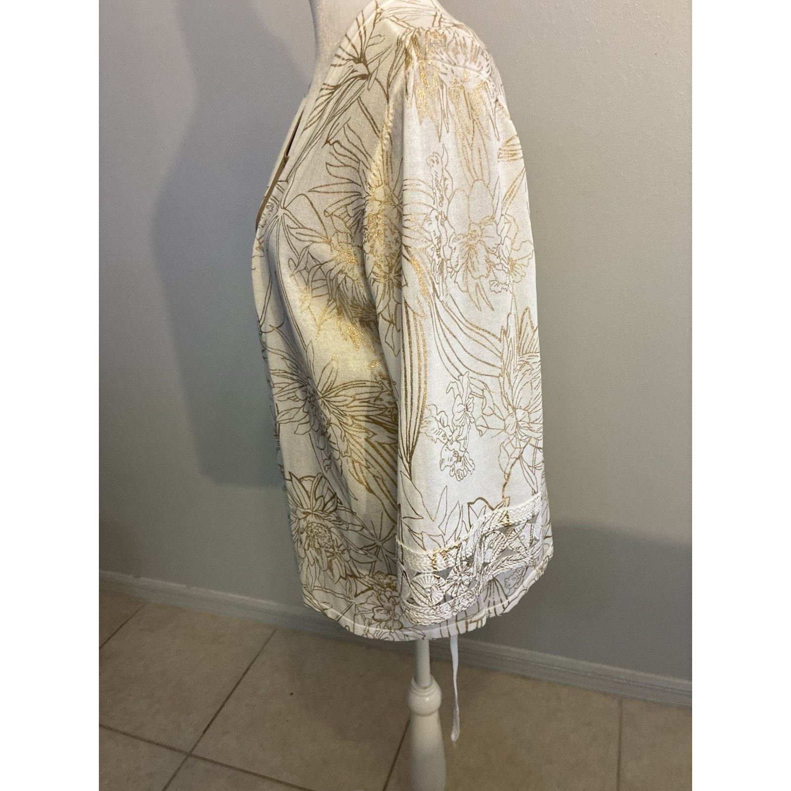 Chicos Chico's 2pc Set White Floral Cardigan Kimono Gold Metallic L Size XL / US 12-14 / IT 48-50 - 16 Thumbnail