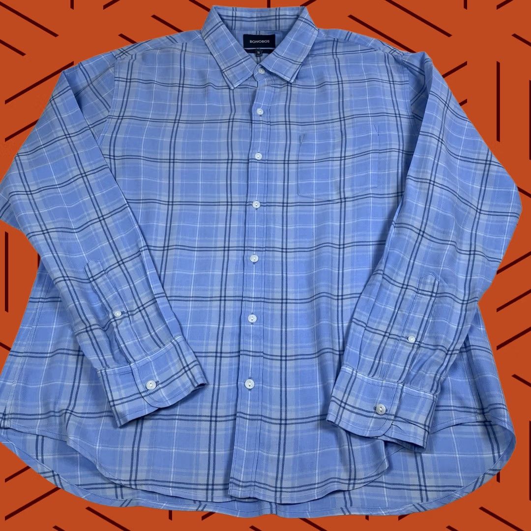 Bonobos Shirt Mens 1XL Slim Fit Long Sleeve Blue Plaid Button Down Pocket Casual Classic, Men's