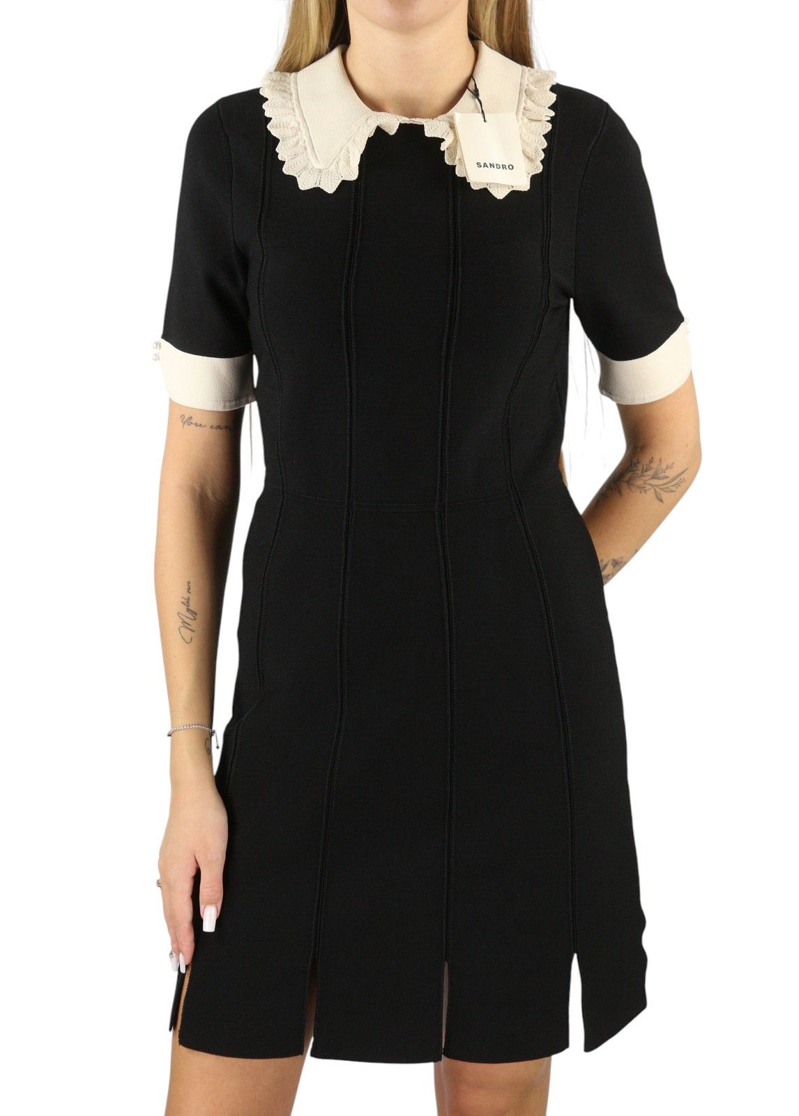 Sandro CALINE 40 L Black Contrast Trim Flare Short Sleeve 88494 Size L / US 10 / IT 46 - 1 Thumbnail