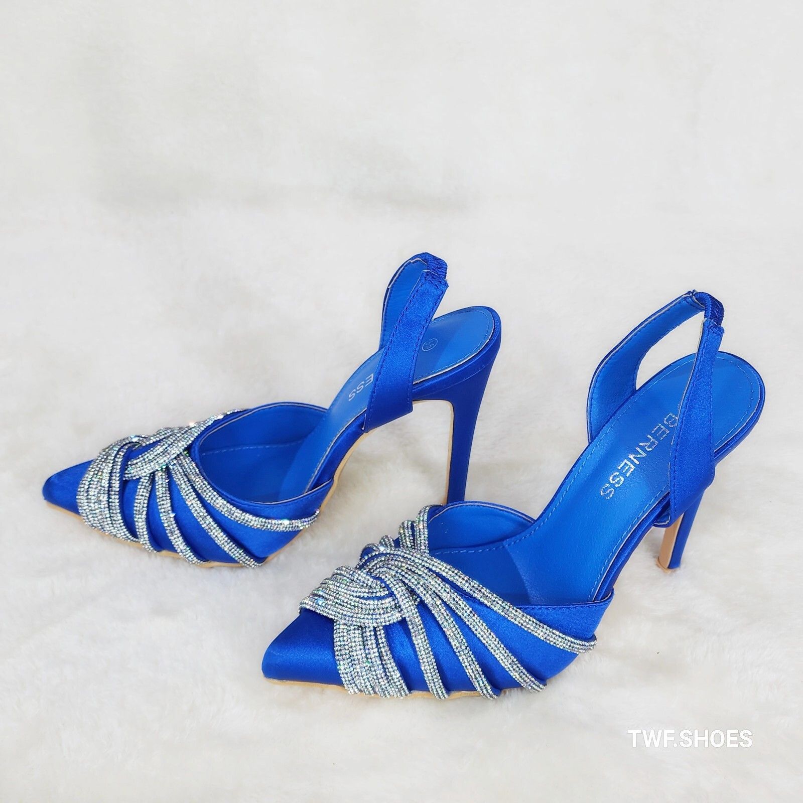 Other Elegance Slip on Slingback Blue Satin Rhinestone Pointy Toe Size US 5.5 / IT 35.5 - 8 Thumbnail
