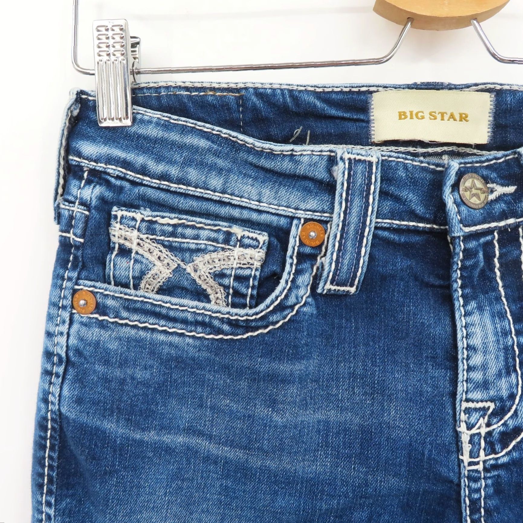 Denime BIG STAR Jeans Women Cropped Denim 26 5-Pocket Embroidered Pockets Seams Blue Cotton Denim Crop Size 26" / US 2 / IT 38 - 3 Thumbnail