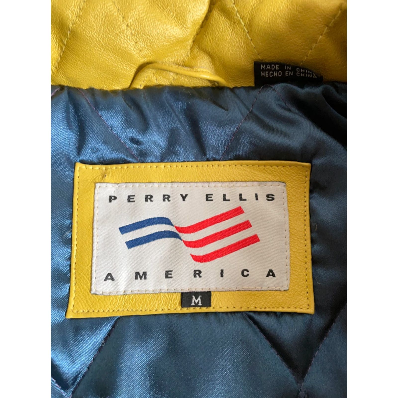Perry Ellis America Leather Jacket Bomber Adult M Yellow Blue Striped 90s Hip Hop Vintage Mens