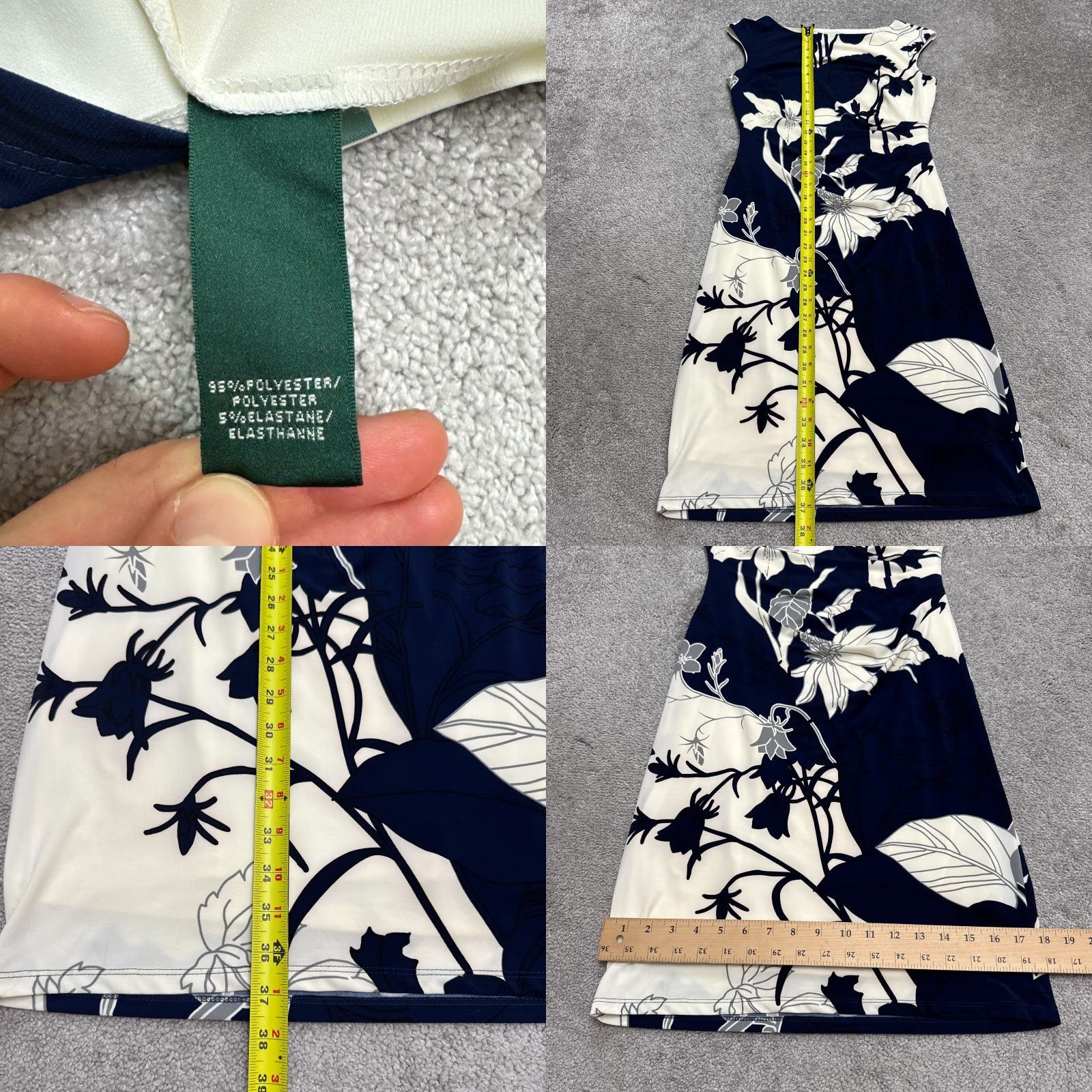 J.Crew Lauren Ralph Lauren Dress Womens 6 Navy White Floral Ruched Sheath Cap Sleeve Size M / US 6-8 / IT 42-44 - 8 Thumbnail