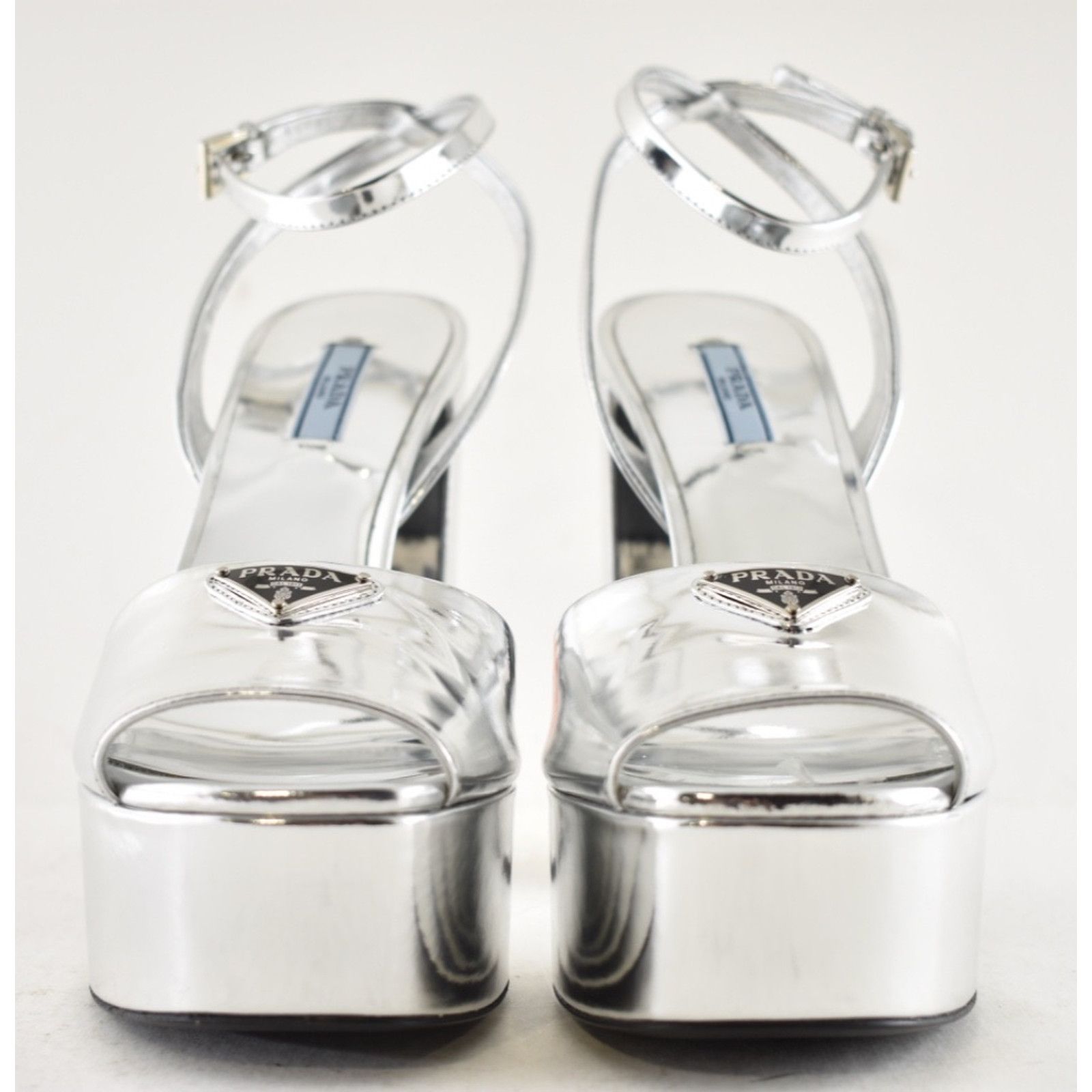 Prada Prada 135mm Metallic Silver Logo Platform Sandal Size US 10 / IT 40 - 9 Thumbnail