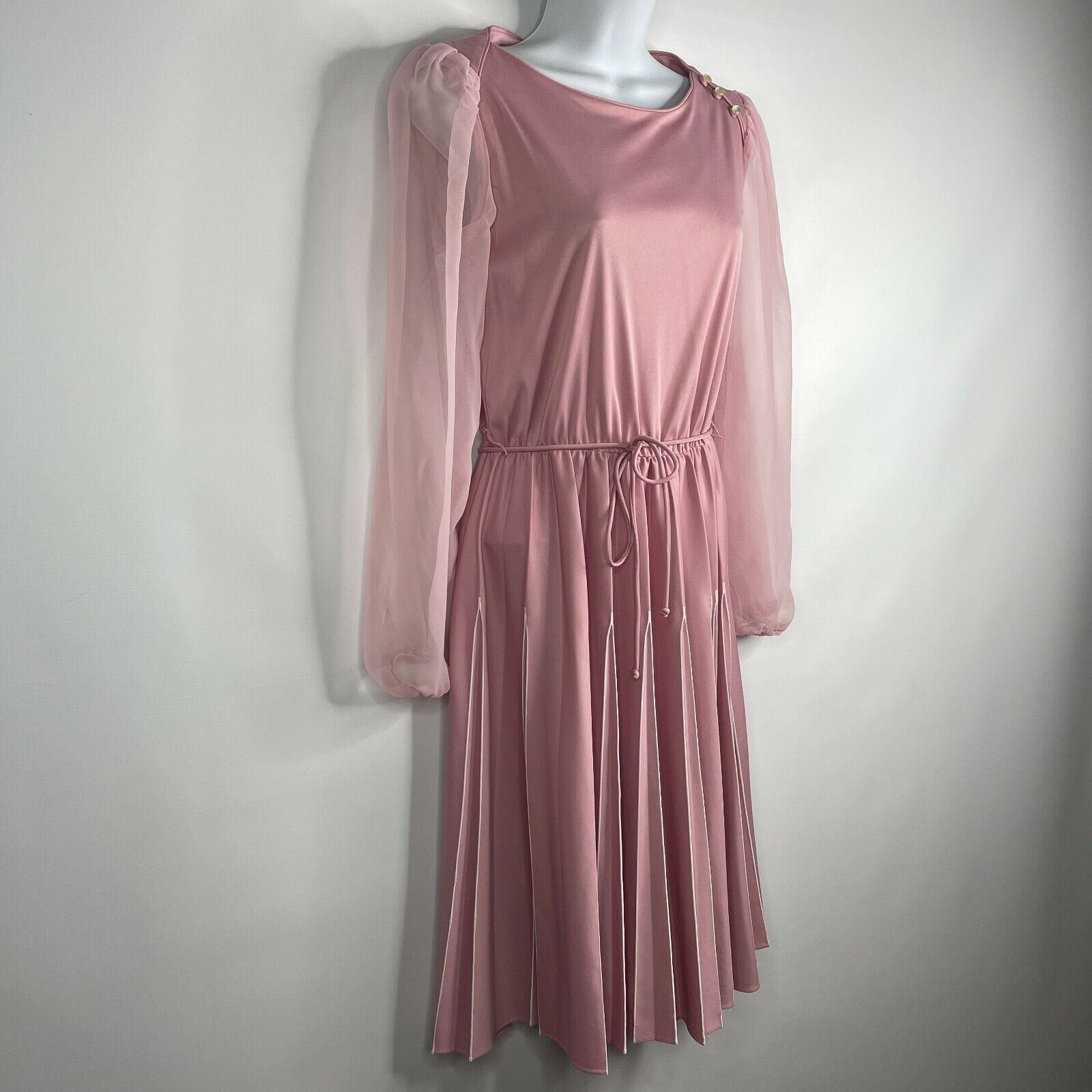 Vintage 70s Lavender Belted Contrast Stich Pleat Fit Flare Dress Size L / US 10 / IT 46 - 3 Thumbnail