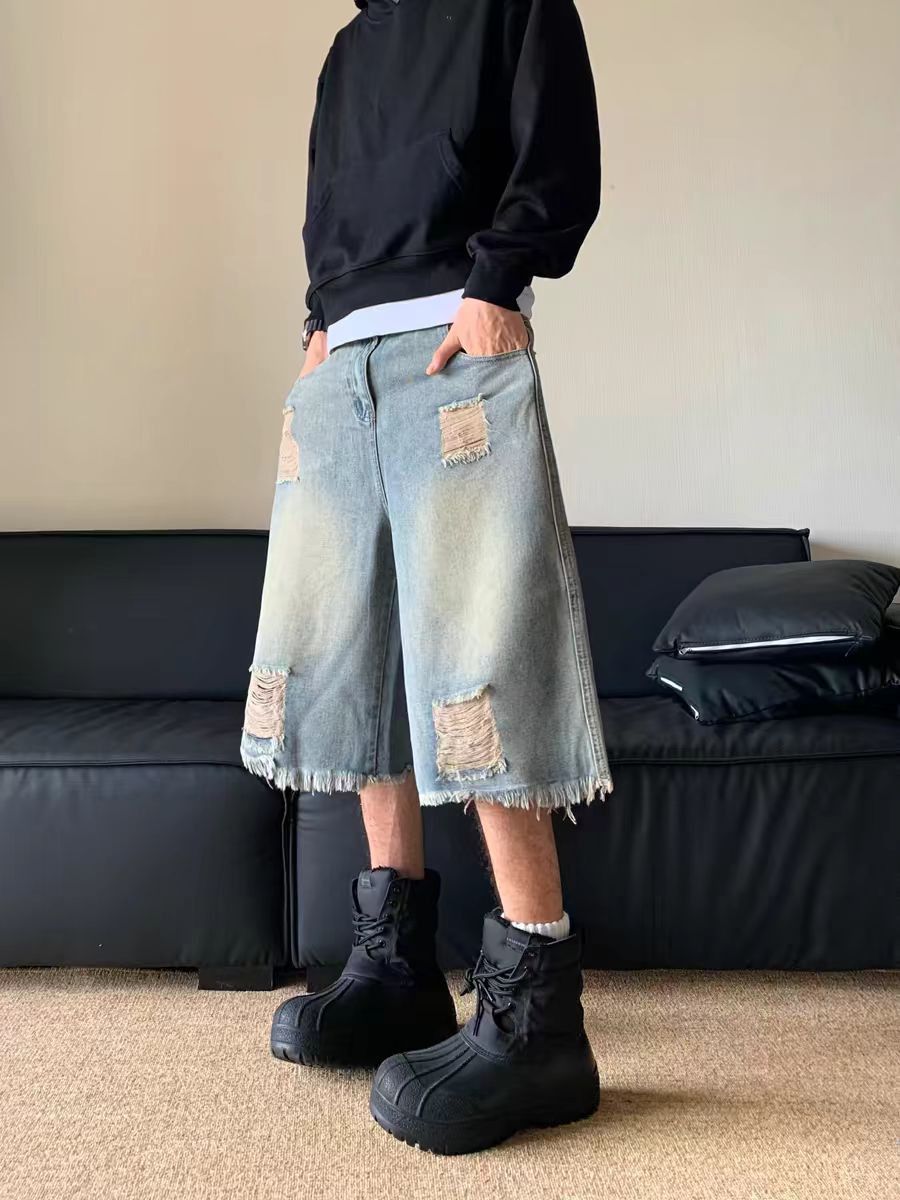 Vintage ripped raw edge washed baggy denim shorts