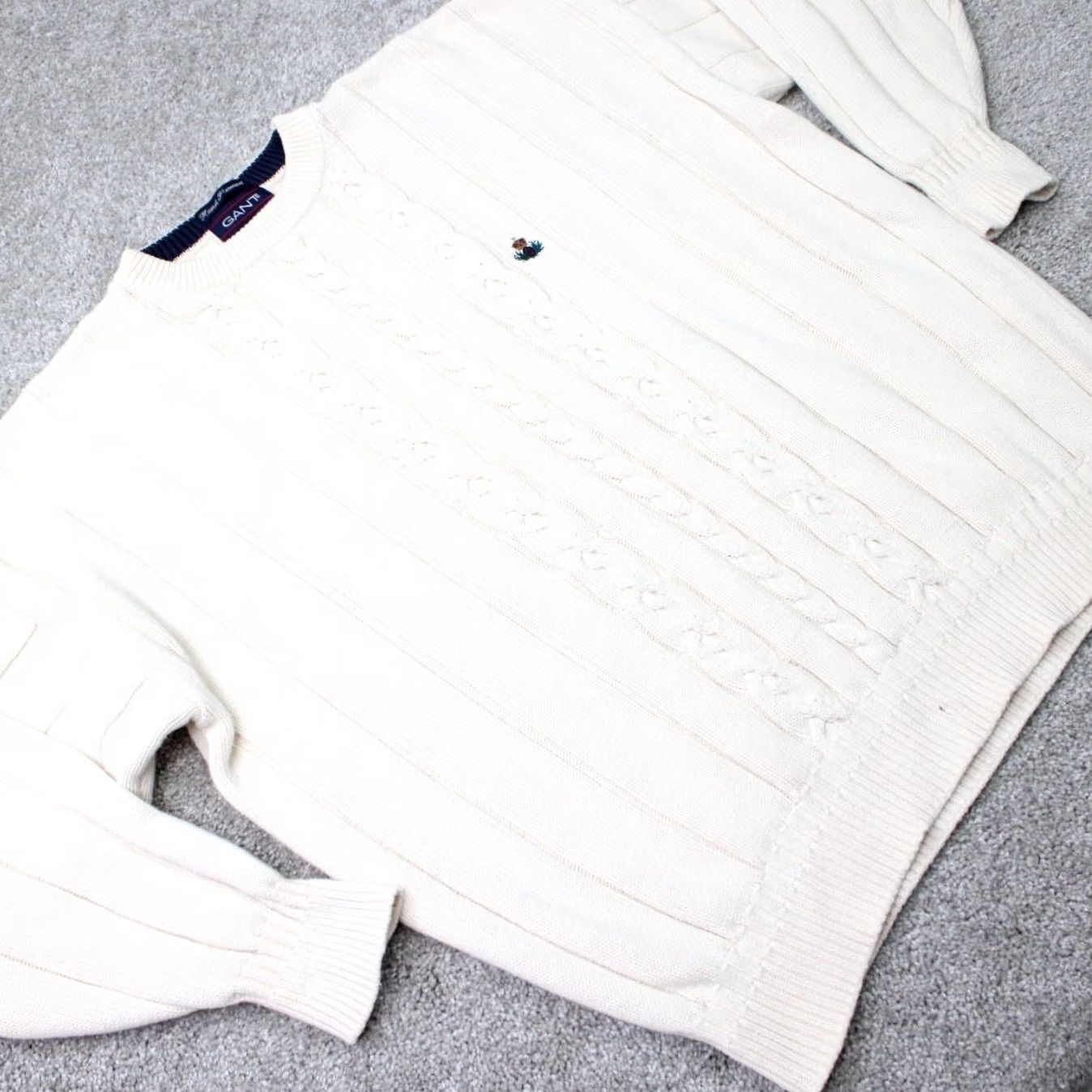Gant VINTAGE GANT Sweater Mens XL White 100% Cotton Cable-Knit Crest Crew Neck 90s Size US XL / EU 56 / 4 - 7 Thumbnail