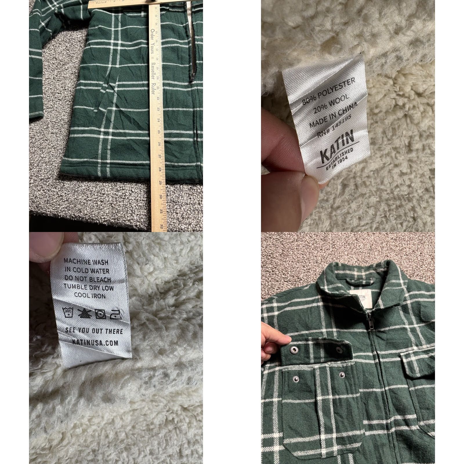 Katin Katin Crosby Jacket Mens Large Sherpa Lined Green Plaid Full Zip Wool Blend Shacket Size US L / EU 52-54 / 3 - 8 Thumbnail