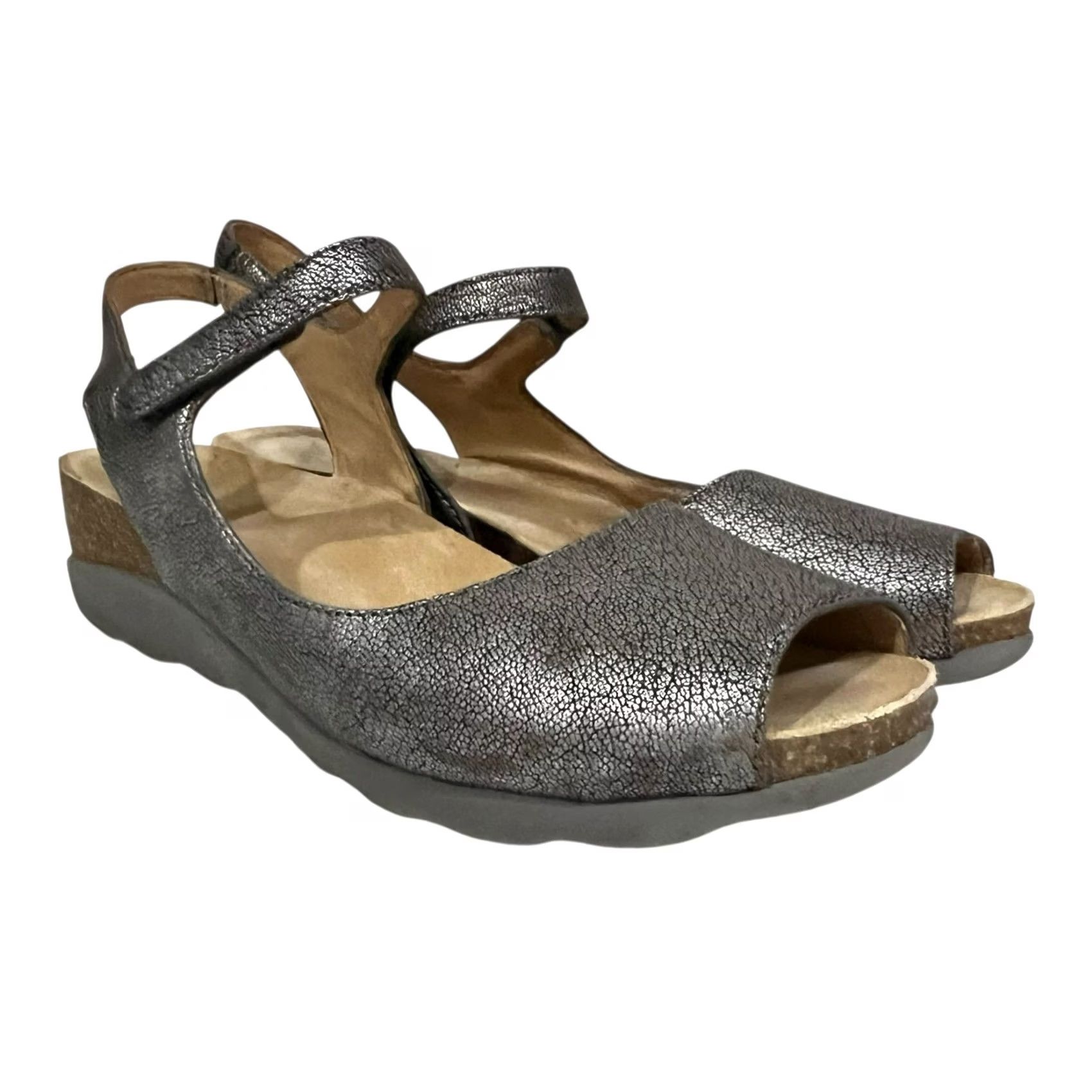 Dansko Dansko Marcy Metallic Pewter Women’s Sandal Peep Toe Ankle Strap Sz 41 11 US Sandal Women Peep toe Ankle Strap Silver Leather Hook & Loop Size US 11 / IT 41 - 2 Thumbnail