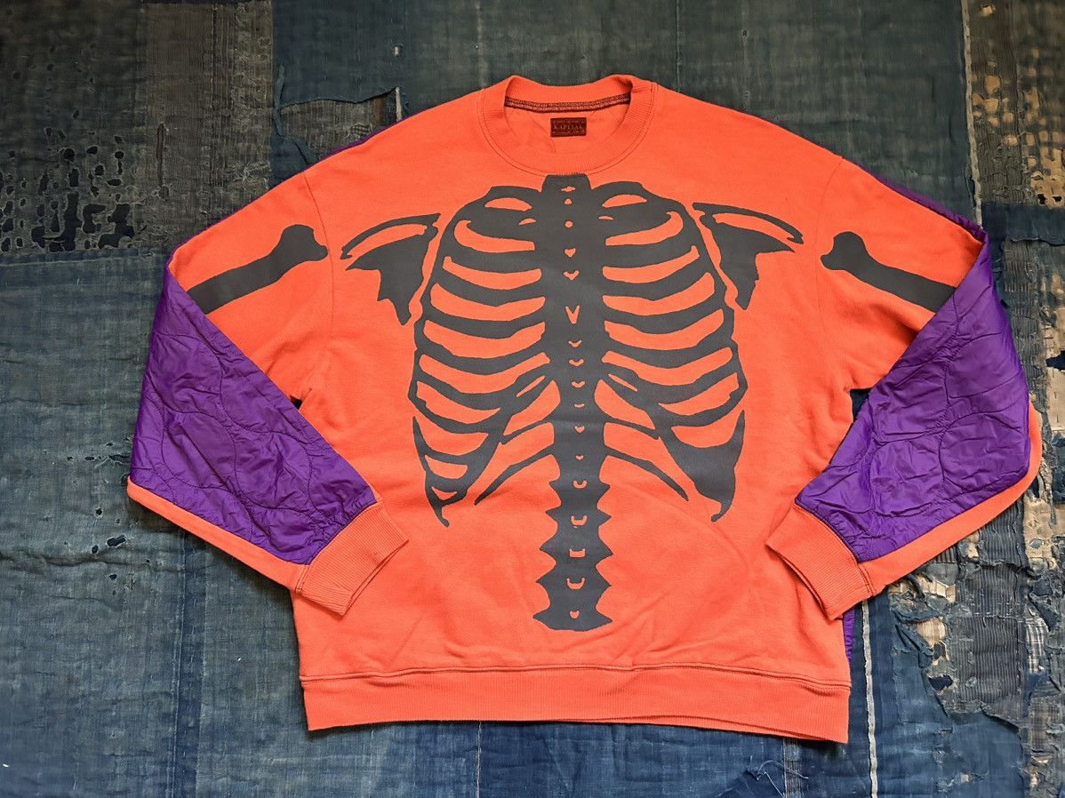 image of Kapital Skeleton Bone Bivouac Crewneck Sweatshirt in Orange, Men's (Size Large)