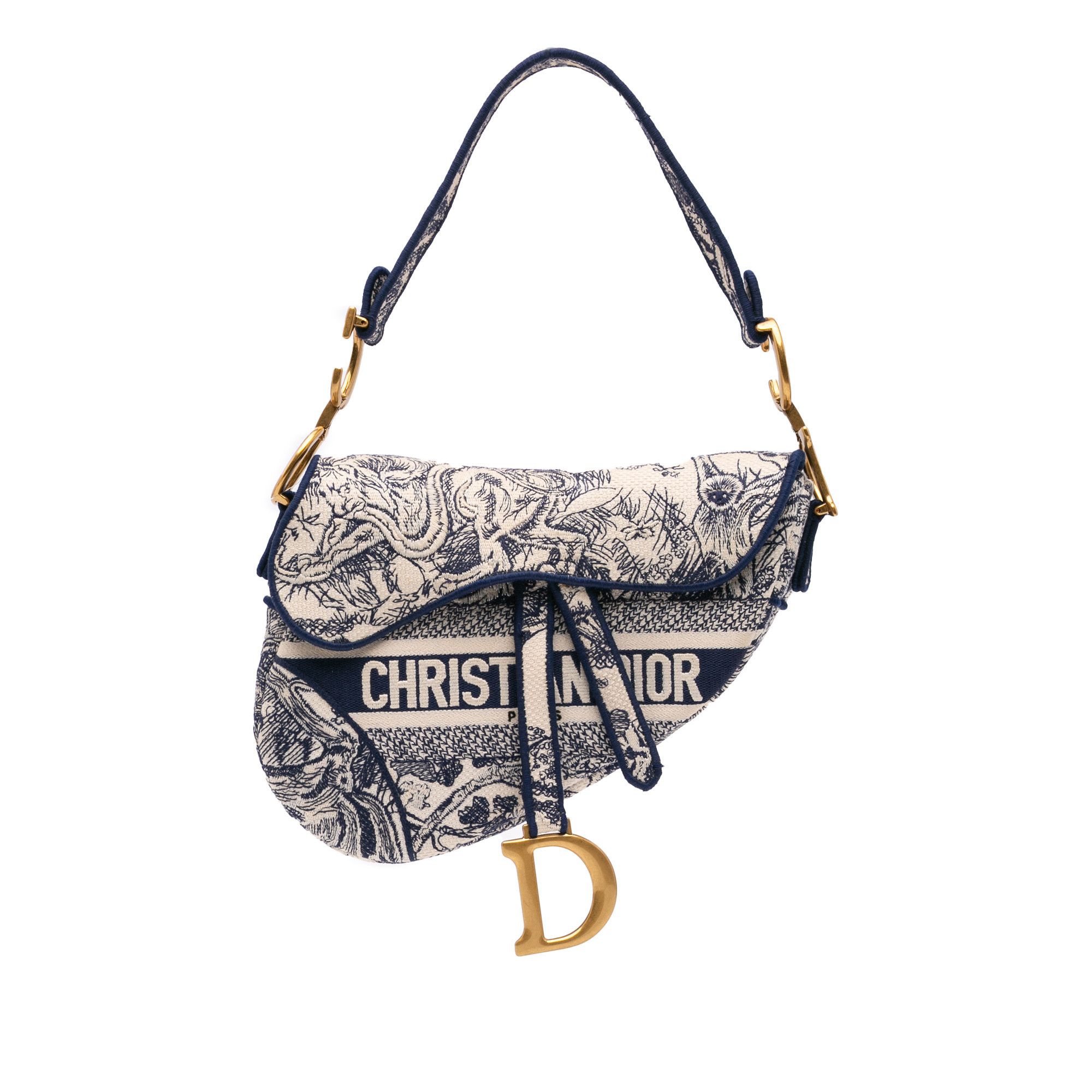 Dior Canvas Embroidered Toile De Jouy Saddle Bag in Blue, Women's