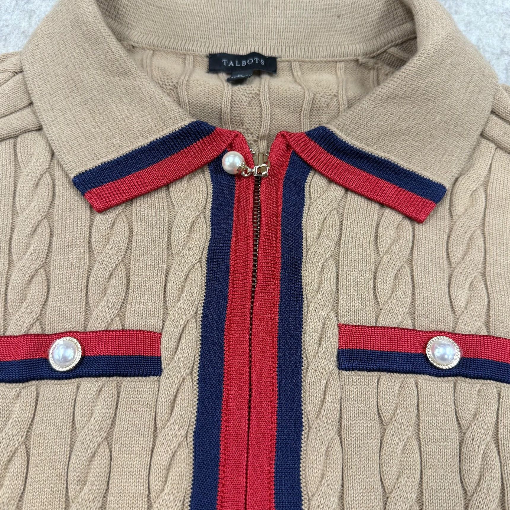 Talbots Talbots Sweater Womens XL Tan Cable Knit Zip Front Collared Cardigan Pearl Trim Size XL / US 12-14 / IT 48-50 - 5 Thumbnail