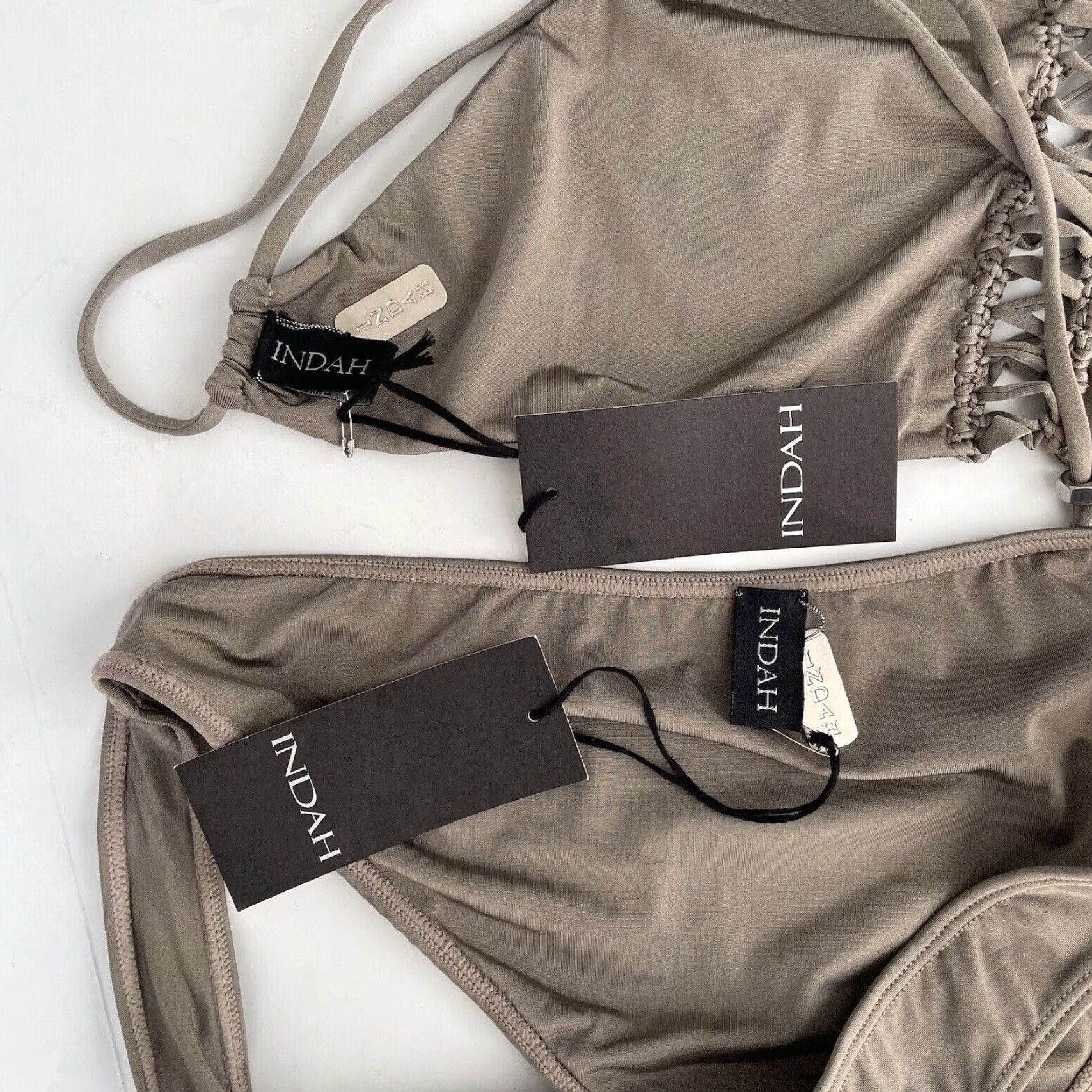 Vintage INDAH Lynx Macrame Halter Bikini Top & Vic Bottom Taupe Set L Women Gray Revolve Size L / US 10 / IT 46 - 3 Thumbnail