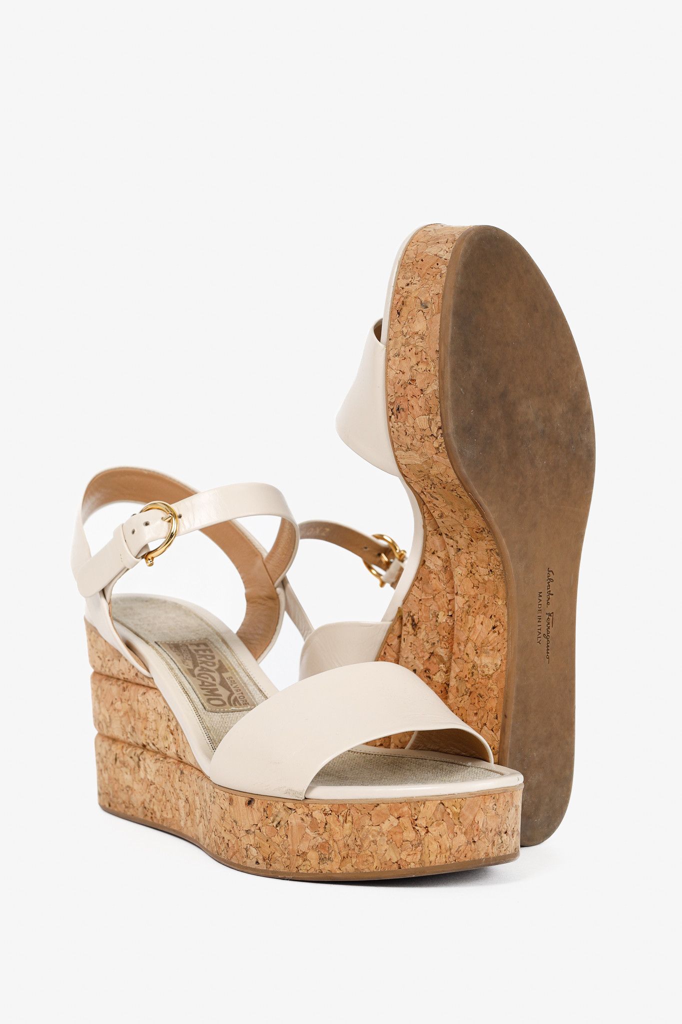 Salvatore Ferragamo Salvatore Ferragamo Madea Cream Leather & Cork Wedge Sandals Size US 8 / IT 38 - 4 Thumbnail