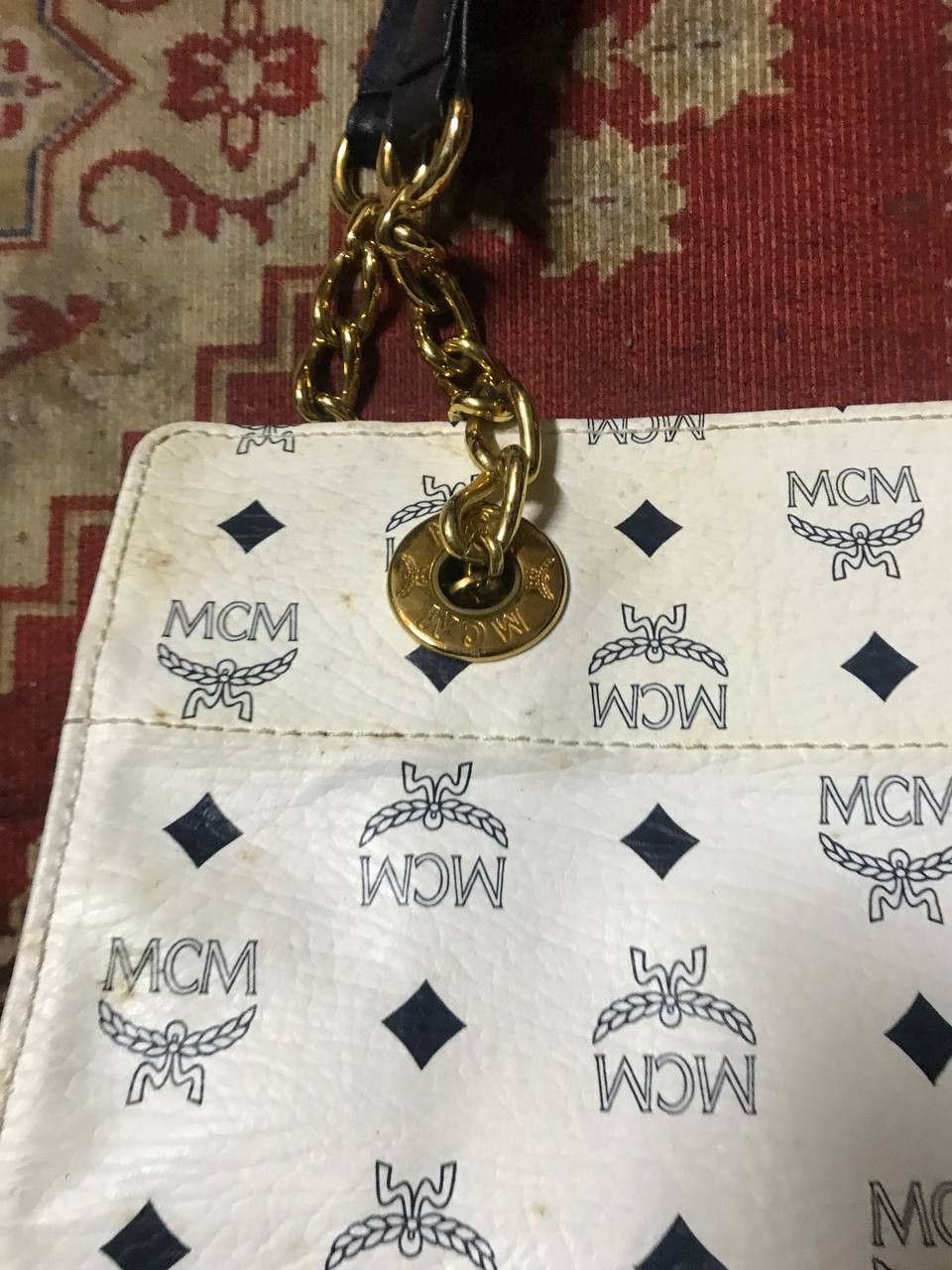 MCM Vintage MCM White Leather Chain Tote Bag Visetos Cognac Size ONE SIZE - 4 Thumbnail
