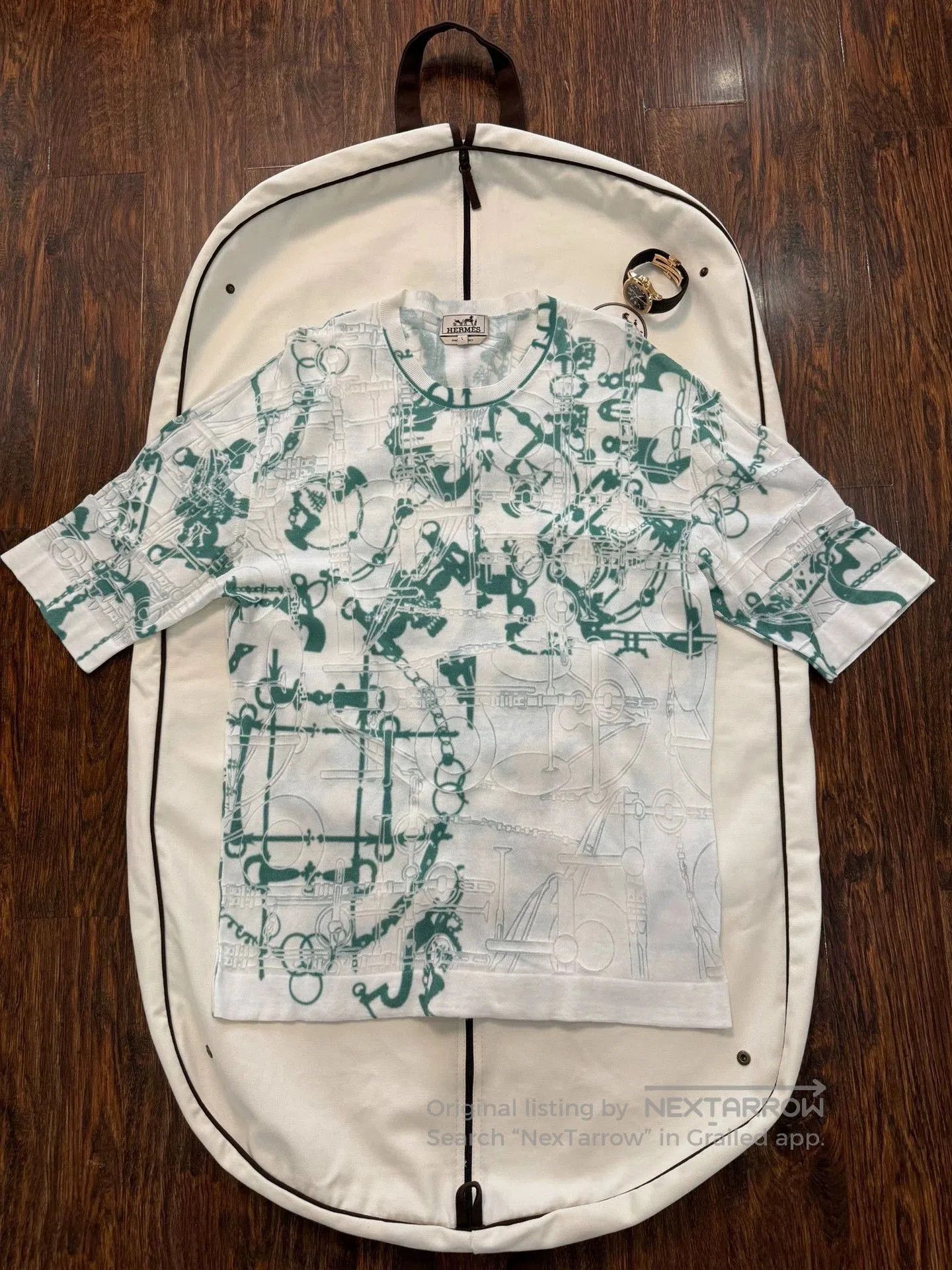 Hermes White Short-Sleeve Shirt with Green Abstract Print. Size US L / EU 52-54 / 3 - 1 Thumbnail