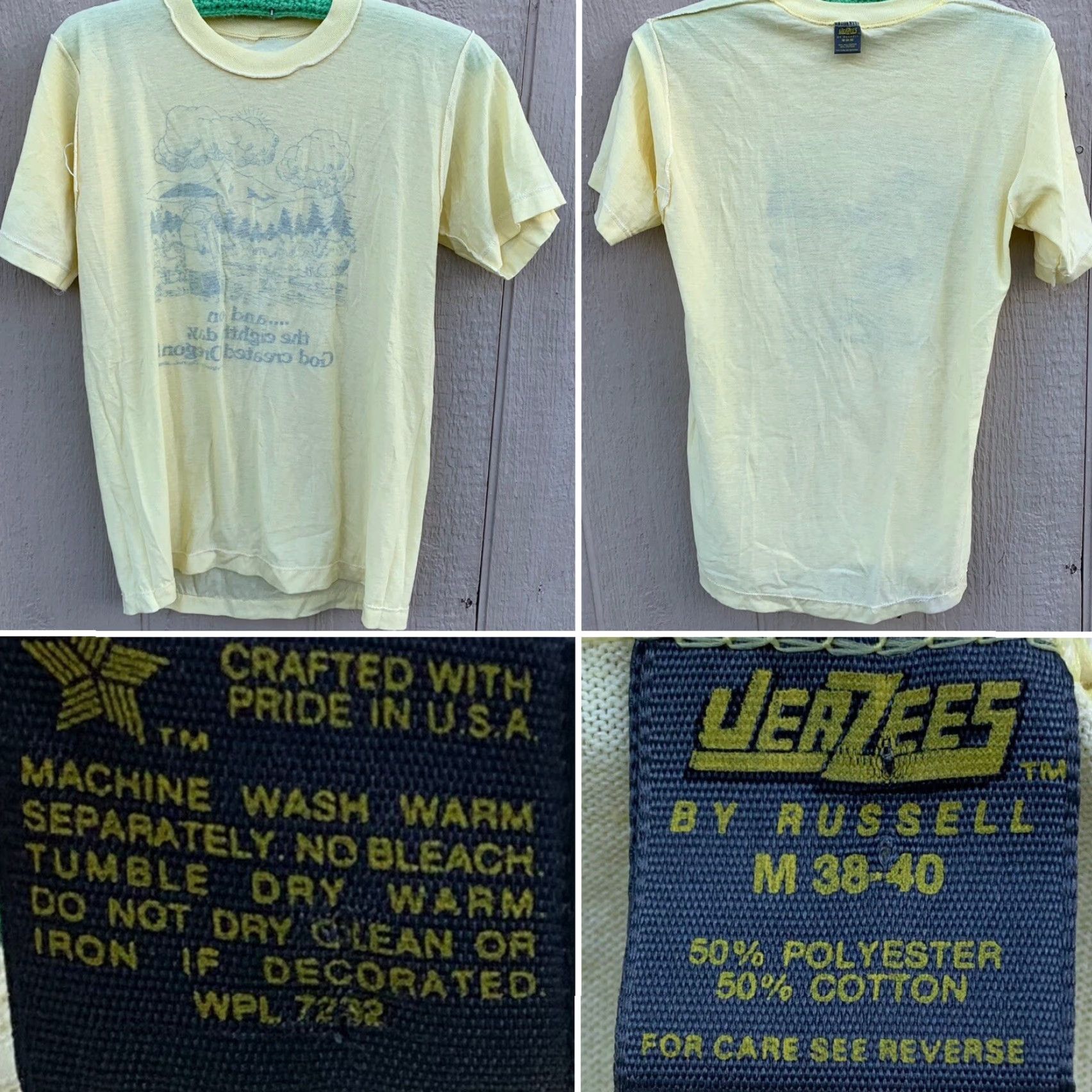 Jerzees VINTAGE …and on the eighth day, God created Oregon! t-shirt Men M Yellow Jerzees by Russell Short Sleeve Graphic Tee 1980s 38-40 USA Size US M / EU 48-50 / 2 - 6 Thumbnail