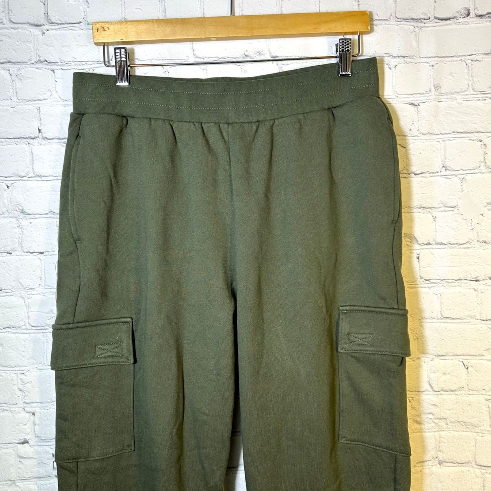 Vintage American Giant Cargo Sweatpants Green Fleece Lined Joggers High Rise Women L Size 29" - 2 Thumbnail