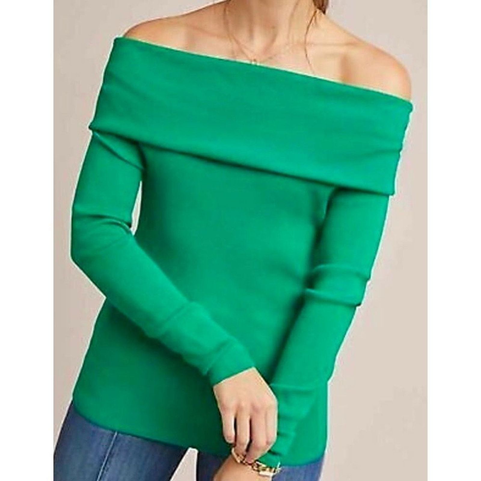 Anthropologie Ett:wa Anthropologie Green Ribbed Knit Pullover SMALL Preppy Size S / US 4 / IT 40 - 1 Thumbnail