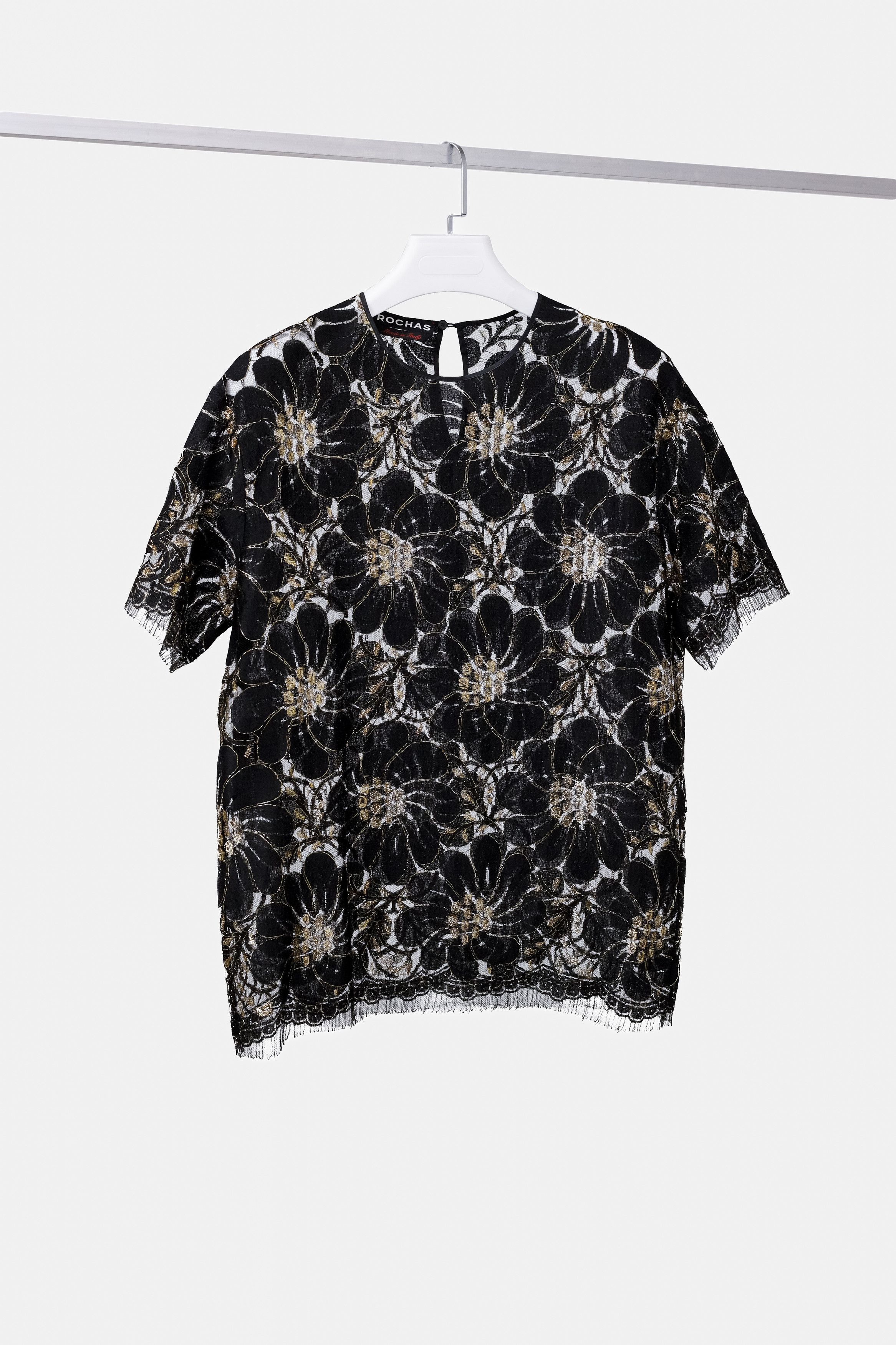 image of Rochas Floral Black And Gold Lace Top, Women's (Size Medium)