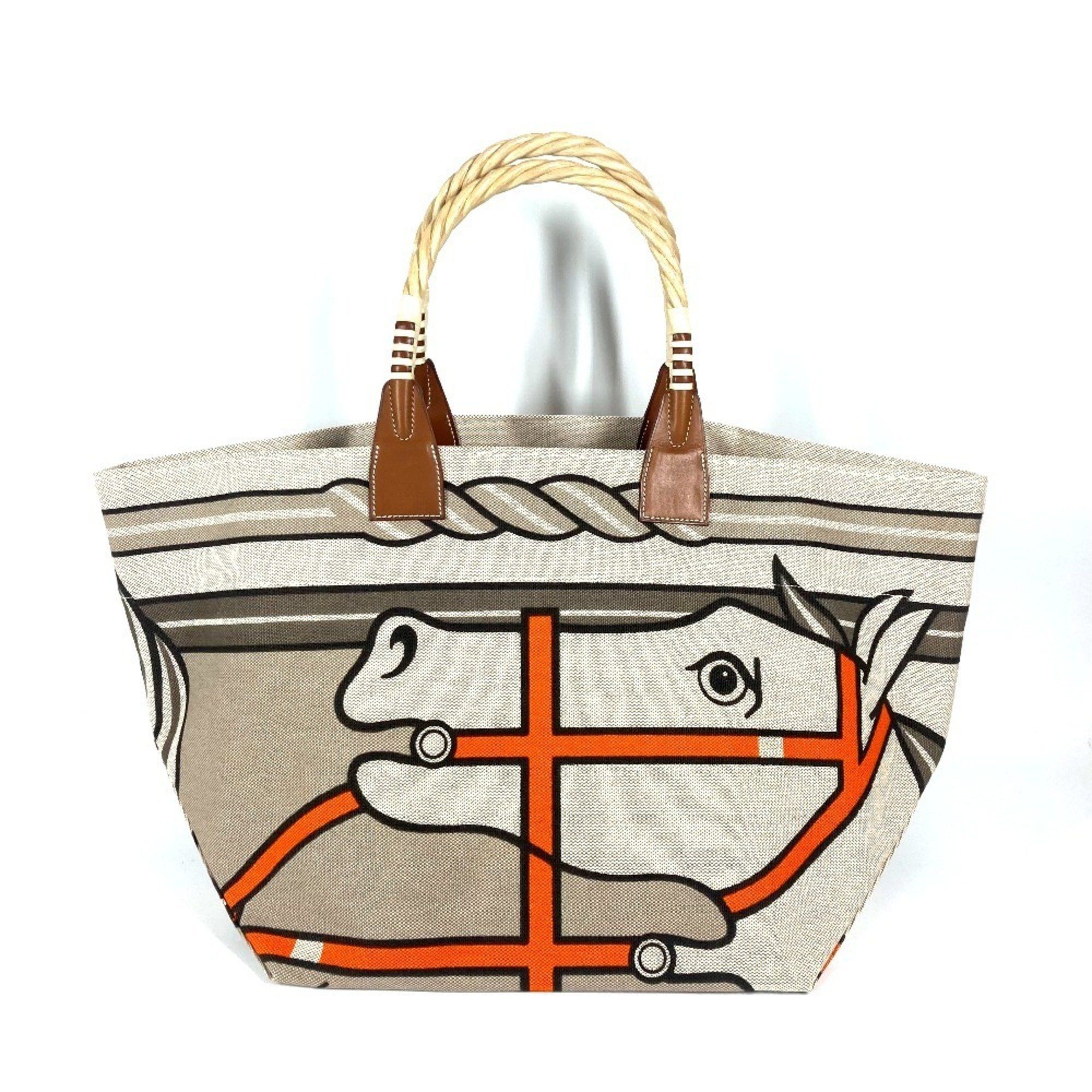 Hermes Steeple Large Tote Bag Shoulder Leather Canvas Women's Beige