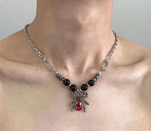 Jewelry Spider Pendant Choker Necklace with Red Gem Size ONE SIZE - 2 Thumbnail