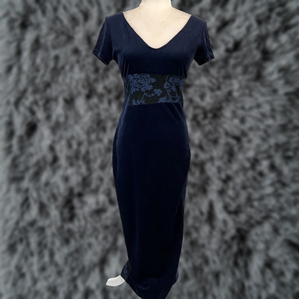 Velvet VINTAGE Possessed Velvet Maxi Dress Blue Floral V-Neck Short Sleeve XS/S Women Regular Grunge Whimsigoth 90s Halloween Party/Cocktail Fall Winter Size XS / US 0-2 / IT 36-38 - 1 Thumbnail