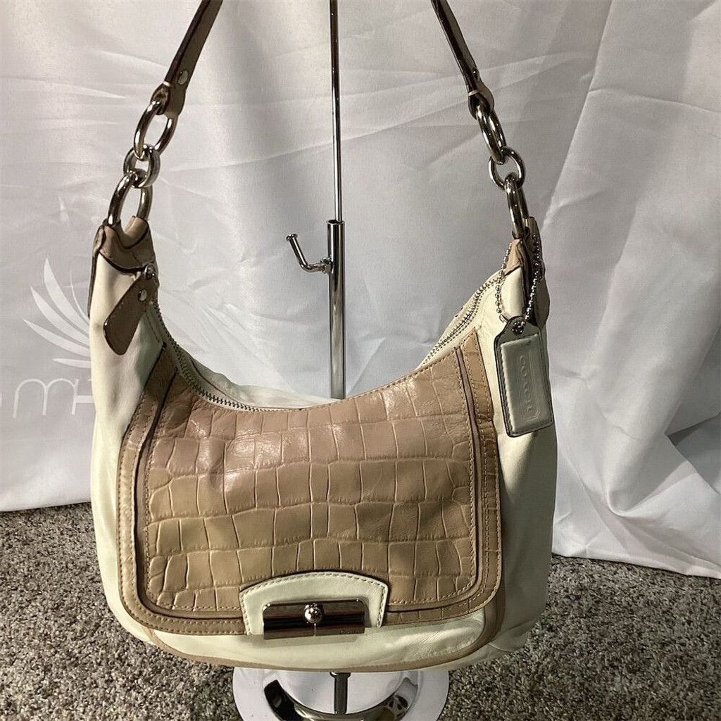 Coach Ivory Taupe Moc Croc Leather Hobo Bag Women's Handbag