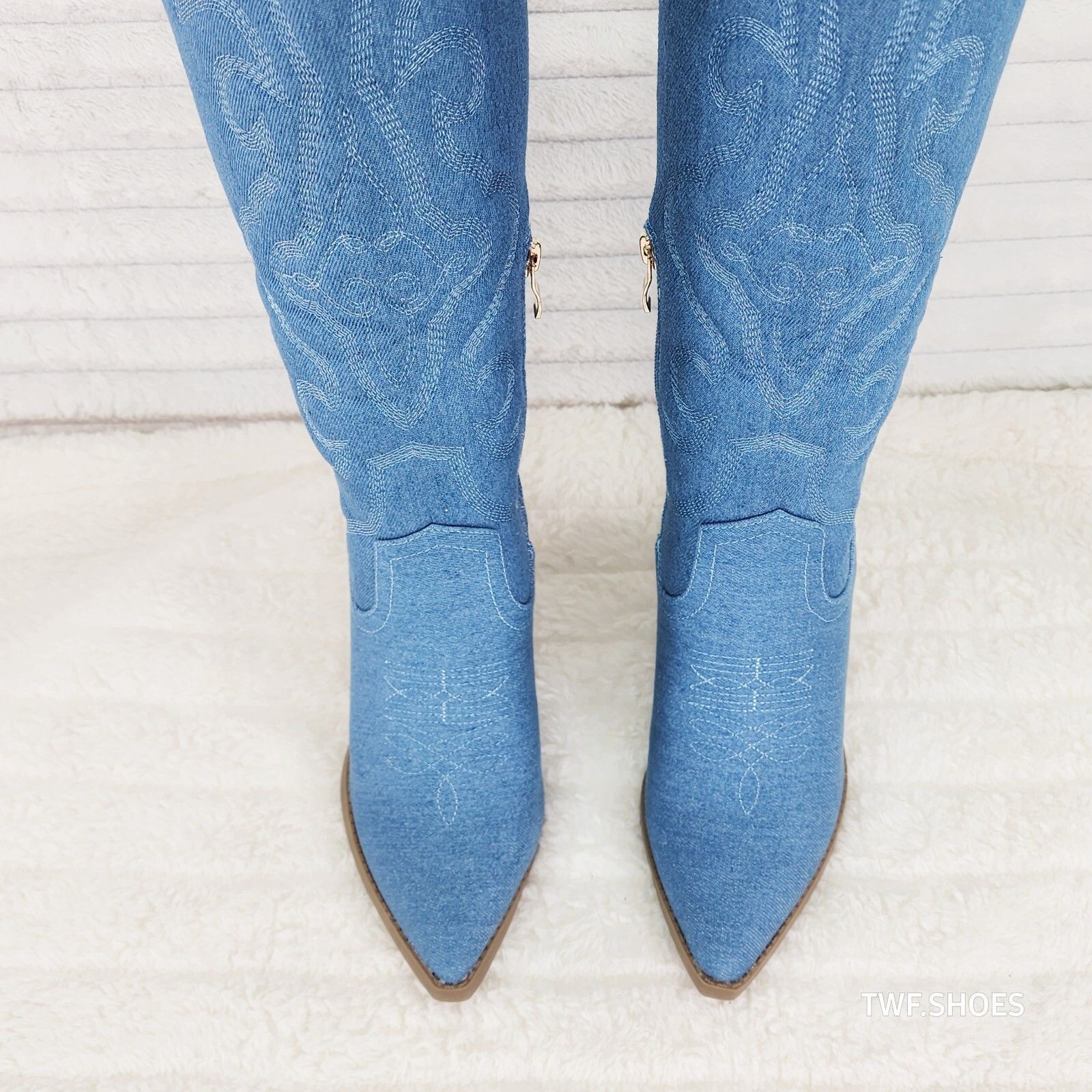 Other Country Rocker Cowboy Medium Denim Stitched Western Knee Hig Size US 7.5 / IT 37.5 - 3 Thumbnail