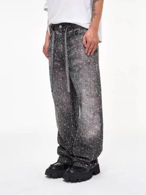 Japanese Brand VIBE High Street Rhinestone Design Loose Straight Jeans Size US 34 / EU 50 - 3 Thumbnail
