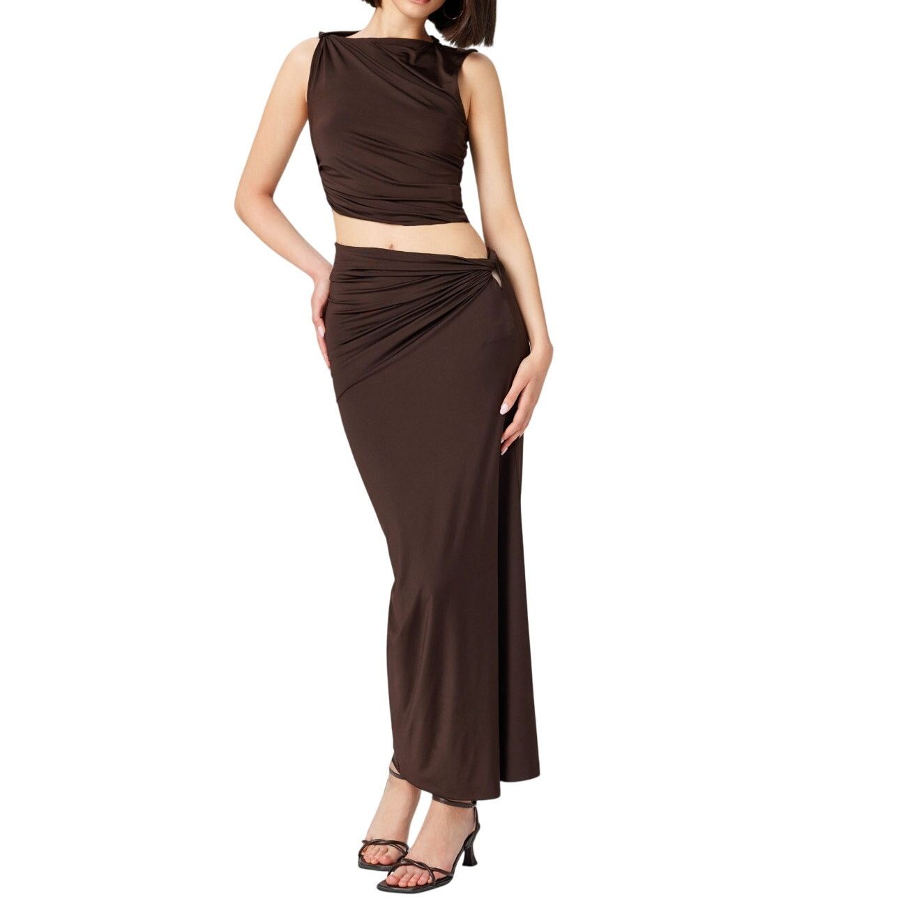 Other Commense Brown Knotted Ruched Crop Tank Top Maxi Skirt Set Size 30" / US 8 / IT 44 - 1 Thumbnail