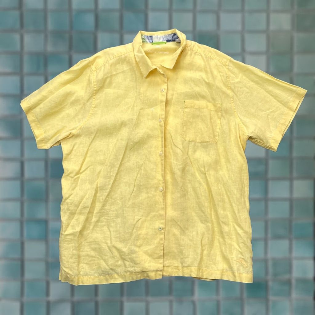 Tommy Bahama VINTAGE Tommy Bahama Shirt Mens XL Yellow Linen Pleated Button Up Side Slit Size US XL / EU 56 / 4 - 1 Thumbnail